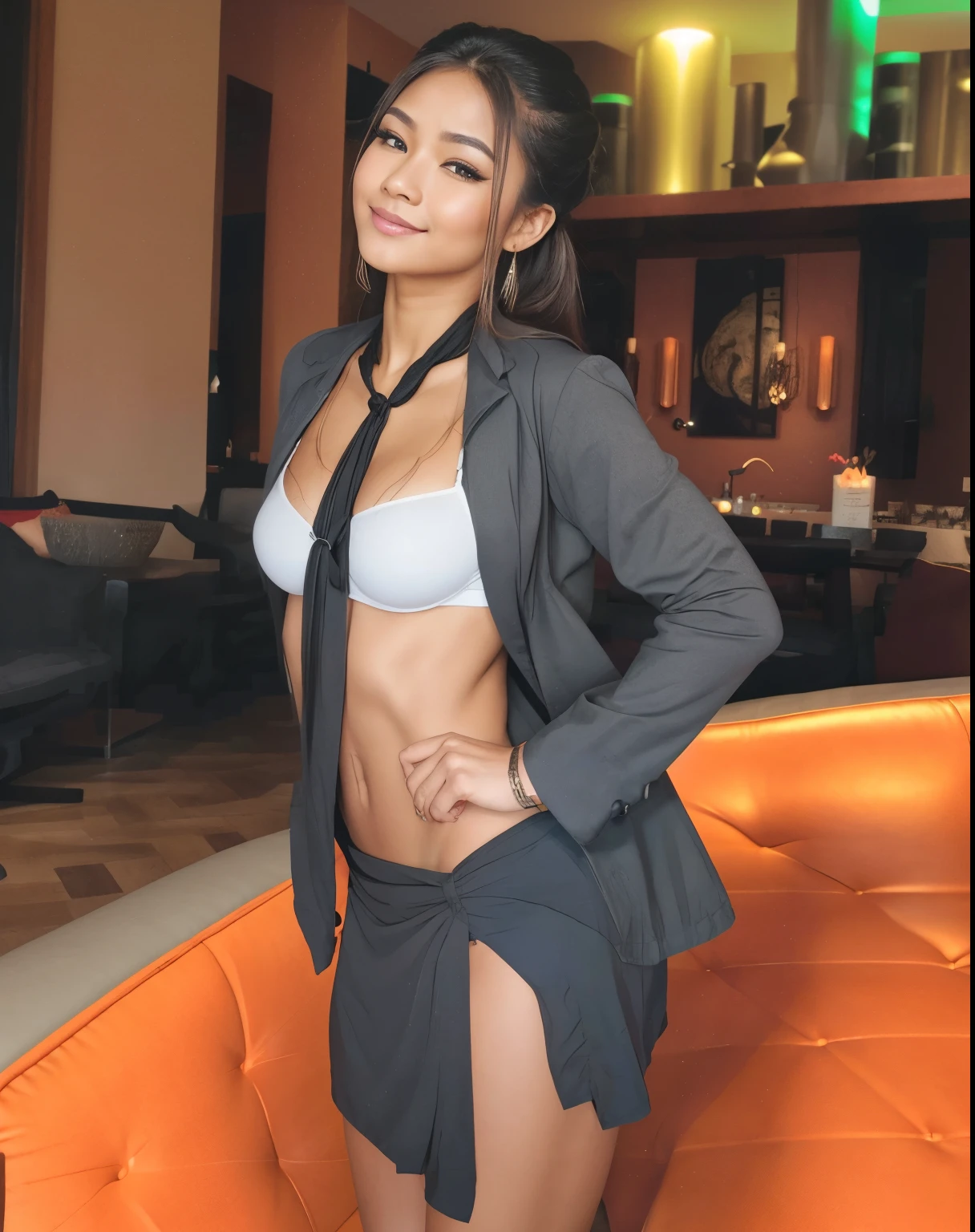 Young Thai woman, fit physique, fitness physique, wearing sexy black lingerie sitting on the couch with legs open, corps sexy, (8K), (best quality), (chef-d&#39;artwork:1.3), (Realistic), (photorealistic:1.34), Ultra-detailed, [Beautiful detailed eyes], (sourire), (sourire), (beautiful nose detailed), [very long blonde hair], (haut court), lingerie noire, (superbes seins taille normale), (Gros plan), Profondeur de champ, full body view, sitting on sofa, legs spread, montrant l&#39;entrejambe, pieds en l'air