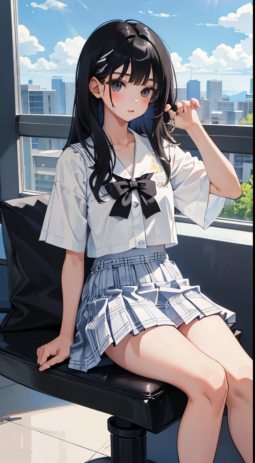 (child),(masterpiece,Top quality),White plaid pleated hort sleeve,black hair,long hair,Summer Classroom,plateau