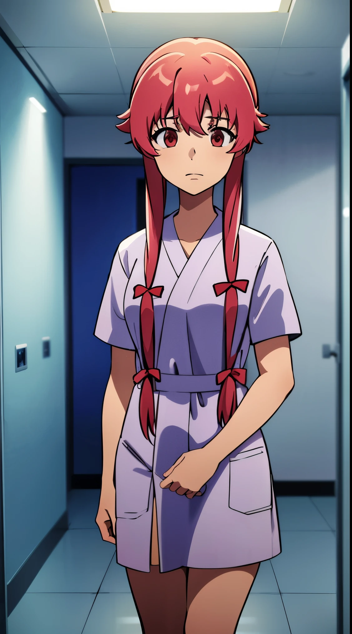 (best quality,4k,8k,highres,masterpiece:1.2), ultra-detailed, anime_still, Yuno Gasai stands in the center of a (hospital gown:1.5), her red eyes reflecting her insanity. Surrounding her is the eerie interior of a psychiatric hospital, with the walls of her ((padded room)) bearing witness to her torment. The dim lighting casts haunting shadows, adding to the atmosphere of the asylum.