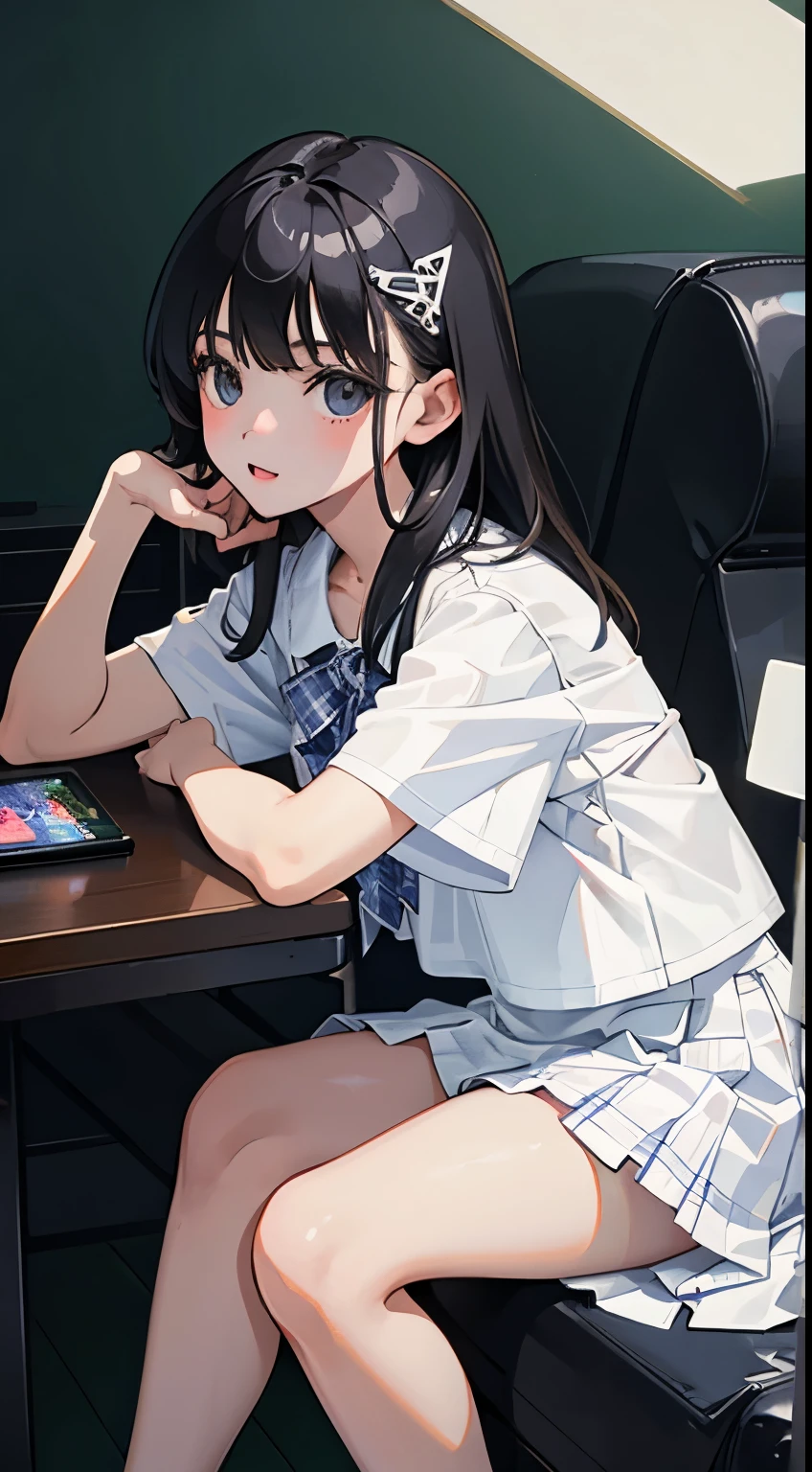 (child)，（masterpiece，Top quality)，White plaid pleated hort sleeve，black hair，long hair,Game Center