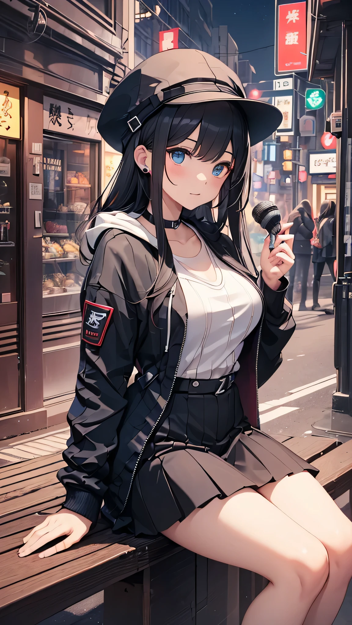 最high quality、best image quality、masterpiece、teenage girl((18-year-old、 By becoming、vest bust、medium bust,wide open breast tea、black eye, black hair、long hair、thin,highest valley、black hoodie(2:3),white skirt、sit、open thighs、cute blue hat)),high quality、beautiful art、background((City of night、Japan)),debris flies、Depth of written boundary、movie、visual art、perfect art、8K,genuine
