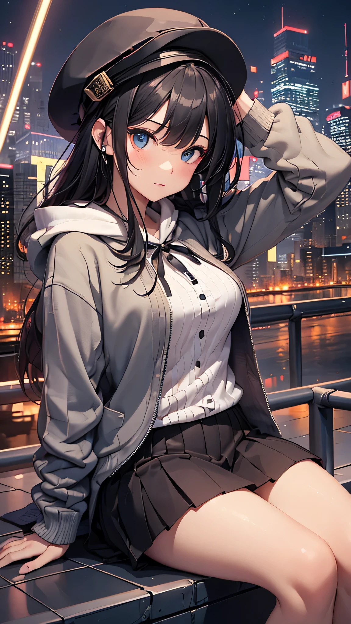最high quality、best image quality、masterpiece、age girl((18-year-old、 By becoming、vest bust、medium bust,wide open breast tea、black eye, black hair、long hair、thin,highest valley、black hoodie(2:3),white skirt、sit、open thighs、cute blue hat)),high quality、beautiful art、background((City of night、Japan)),debris flies、Depth of written boundary、movie、visual art、perfect art、8K,genuine