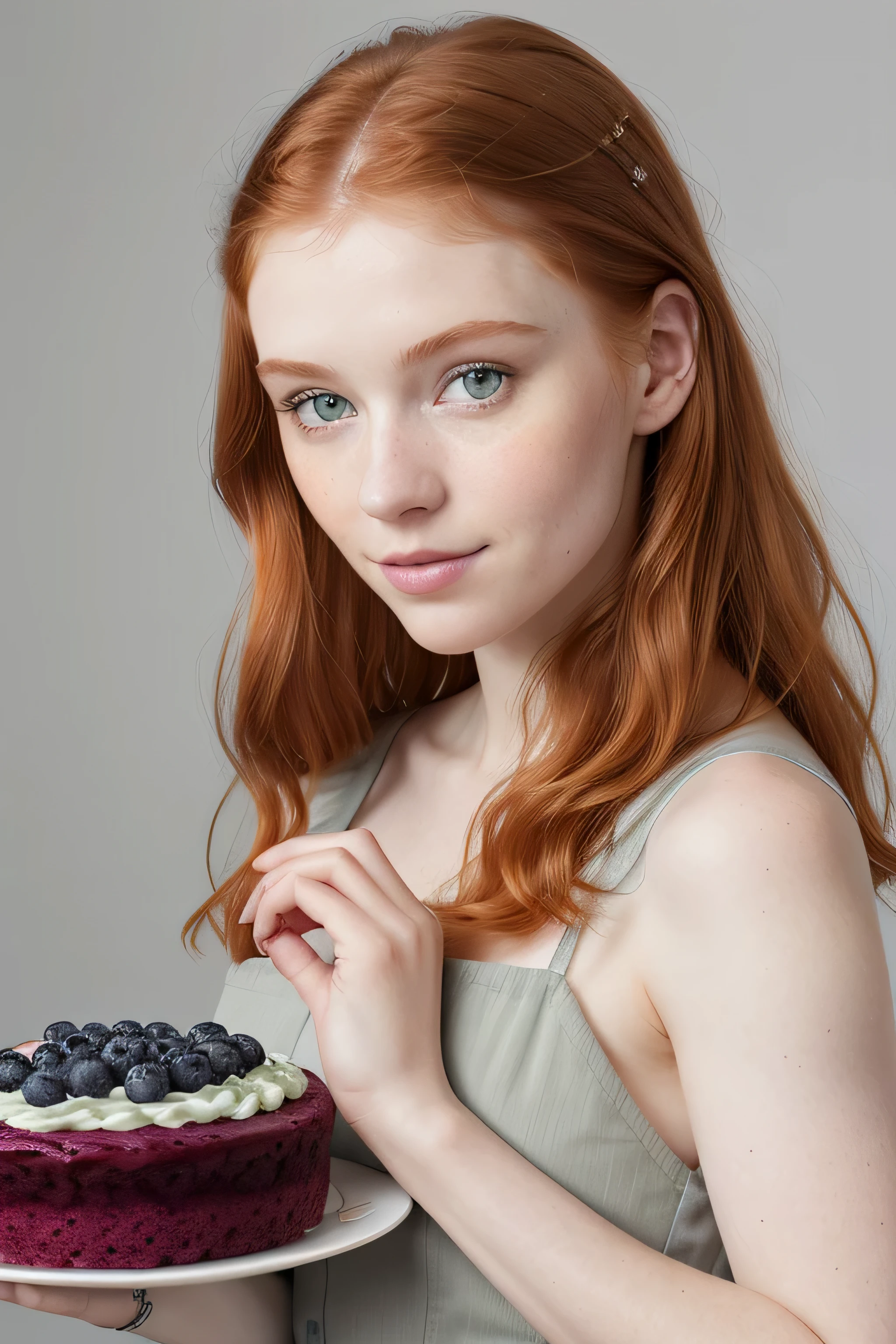young girl, Refined facial features, bright skin, ginger hair hair, gray-green eyes. She is holding a blueberry cake in her hands.