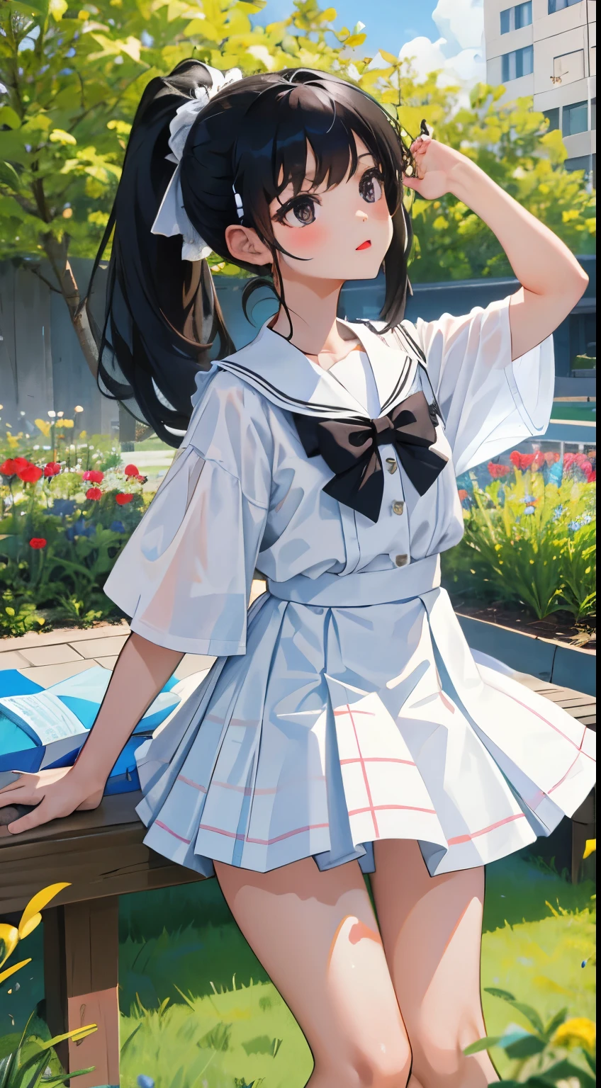 ()，（masterpiece，Top quality)，White plaid pleated hort sleeve，black hair，ponytail，Summer Classroom，garden