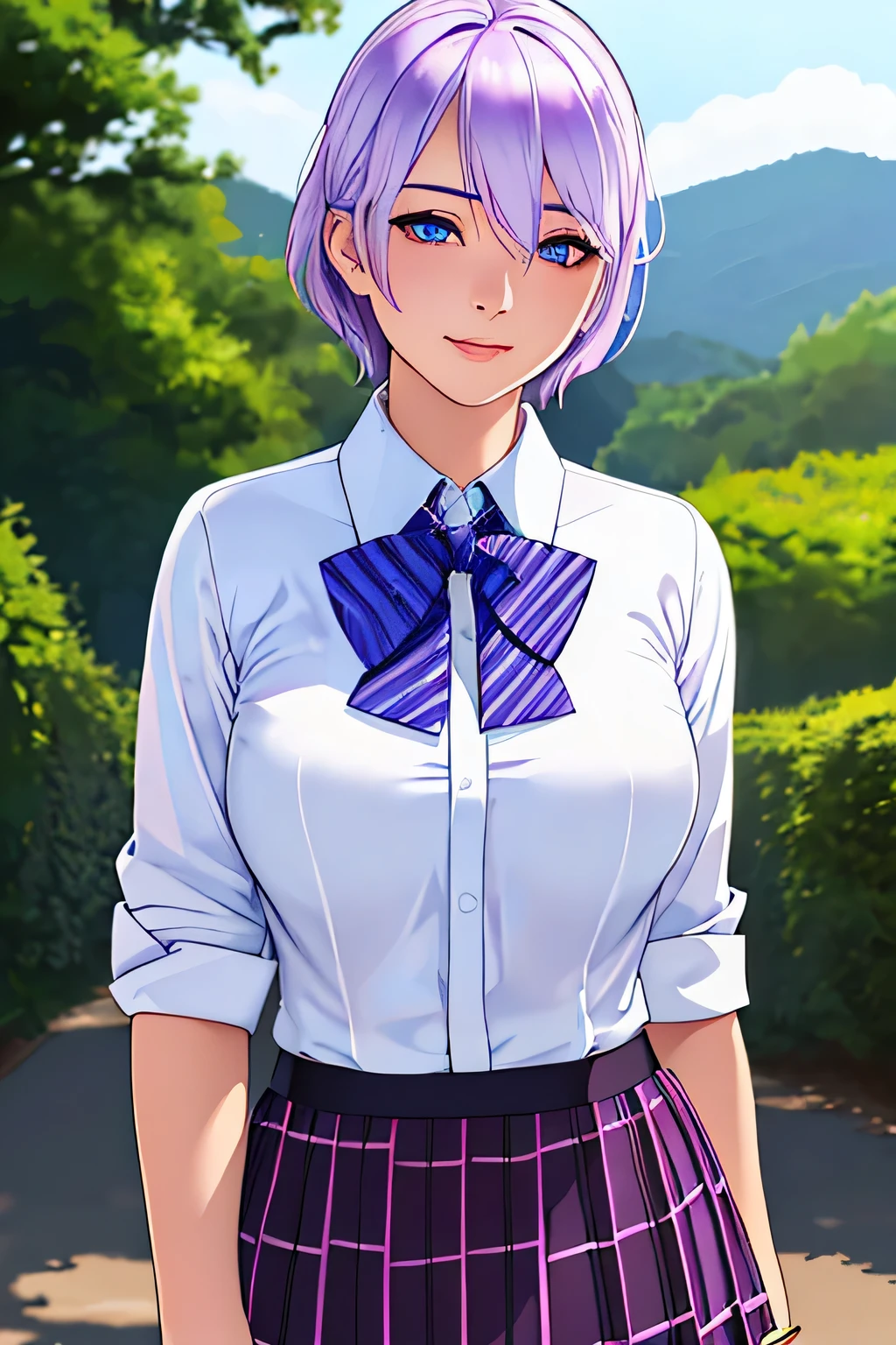 (masterpiece:1.2, top-quality), (realistic, photorealistic:1.4), beautiful illustration, (natural side lighting, movie lighting), nsfw,
looking at viewer, cowboy shot, front view:0.6, 1 girl, japanese, high school girl, perfect face, cute and symmetrical face, shiny skin,
(short hair:1.2, lob:1.2, light purple hair), hair between eyes, blue eyes, long eye lasher, (large breasts:0.7, thick thighs),
beautiful hair, beautiful face, beautiful detailed eyes, beautiful clavicle, beautiful body, beautiful chest, beautiful thigh, beautiful legs, beautiful fingers,
((white collared shirts, blue bow tie, black plaid pleated mini skirt)),
(beautiful scenery), evening, riverside, walking, (lovely smile, upper eyes),