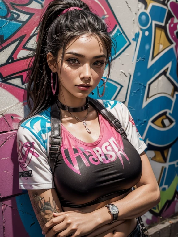 (best quality), (high detail), (vivid colors), (graffiti style), (freestyle), (Close up), (1girl), sexy female graffiti artist, spraying graffiti on a wall painted with street art, HDR, 4K, 3D, graffiti art style.