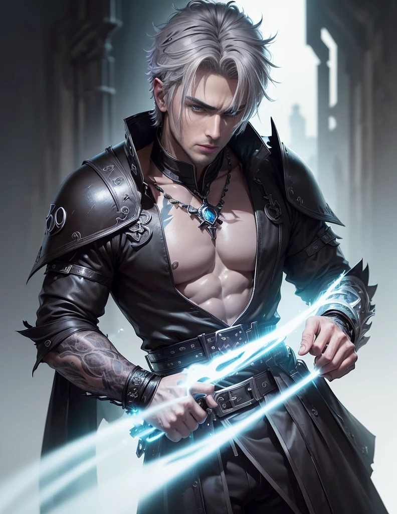 male cyberpunk, fantasy world, dark background, clean design, awesome instagram, art station, colorful ink splashes, silhouette, hyper detailed intricate details, unreal engine, fantasy, intricate details, home screen, complementary color, fantasy concept art, 8K resolution, deviantart masterpiece, oil, heavy stroke, ink drips, (Isolated on white background: 1.3), rainbow skin, (((Handsome guy))), ((50th generation: 1.5) ), (blue eyes ), ((clear eyes)), ((((short gray hair: 1.1)))), ((black clothes)), (prince\\(indifferent look\\),(((Wears luxurious black tunic with high details))), gray hair, Ice magic, ((chest) - At six o'clock