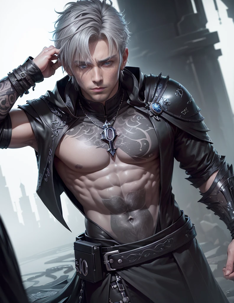 male cyberpunk, fantasy world, dark background, clean design, awesome instagram, art station, colorful ink splashes, silhouette, hyper detailed intricate details, unreal engine, fantasy, intricate details, home screen, complementary color, fantasy concept art, 8K resolution, deviantart masterpiece, oil, heavy stroke, ink drips, (Isolated on white background: 1.3), rainbow skin, (((Handsome guy))), ((50th generation: 1.5) ), (blue eyes ), ((clear eyes)), ((((short gray hair: 1.1)))), ((black clothes)), (prince\\(indifferent look\\),(((Wears luxurious black tunic with high details))), gray hair, Ice magic, ((chest) - At six o'clock