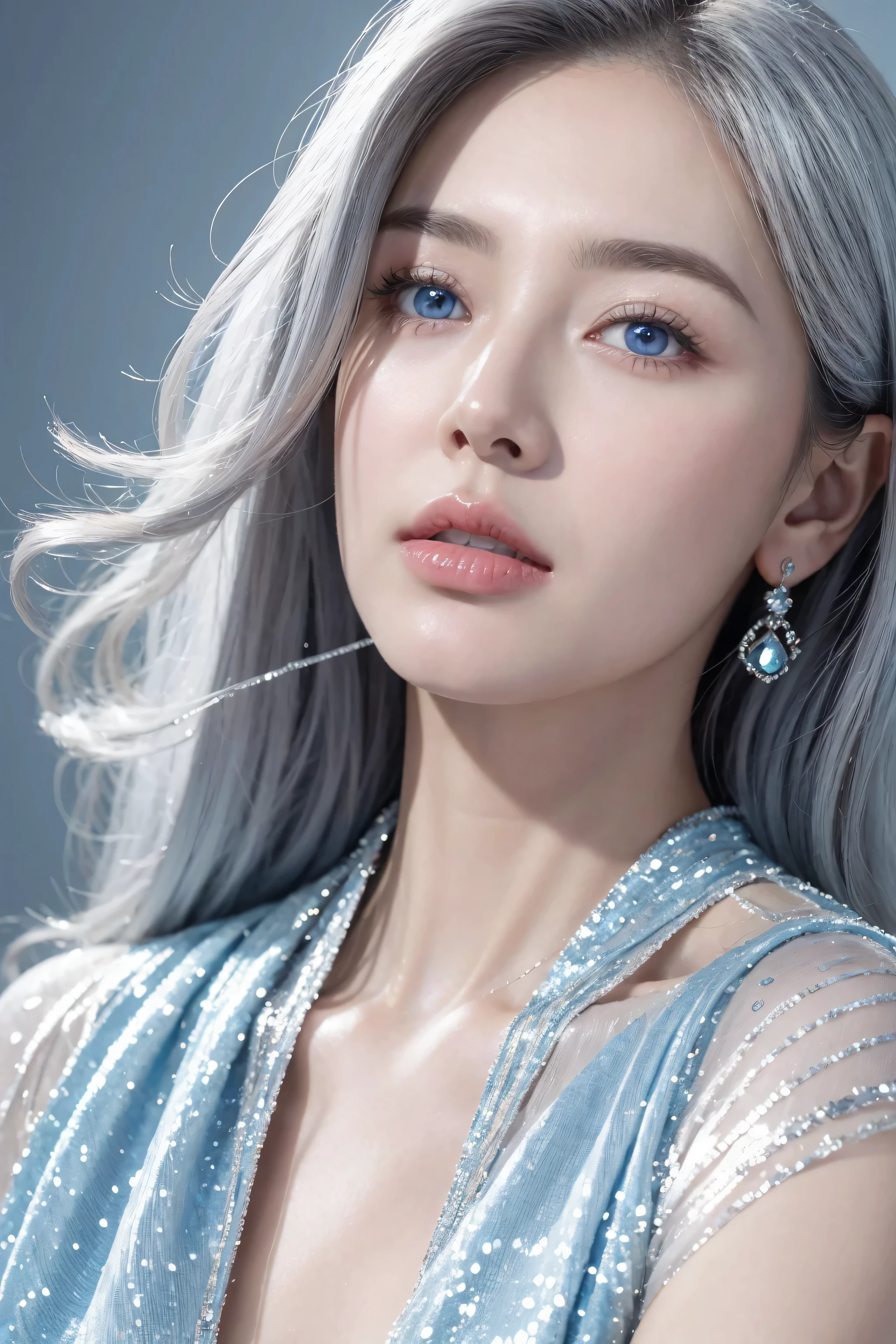 top quality、ultra high resolution、(realism:1.4)、normal,charming beauty,huge 、look up_exist_audience、Detailed facial details、beautiful and delicate eyes、silver hair、blue eyes、thin、charming look、(cosmetic:0.3)、red lips、The clothes are very meticulous、(Urzan-6500-V1.1:0.3)