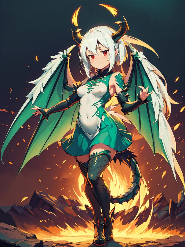 Ultra Best Quality, Ultra High Res, Ultra Detailed, anime style, solo, full body, focus shot, front view, eye shot, Red eyes, Sharp eye light, cute smile, White hair, ung girl, Green Dragon wings, Dragon's horn, Green Dragon's tail, wearing women's classic dress colored black and white, majestic dragon, scrawny, very tiny breast, in the Dark shrine of unholy goddess, in the Dark Temple of unholy goddess, plump ass, wide hips, long skirt