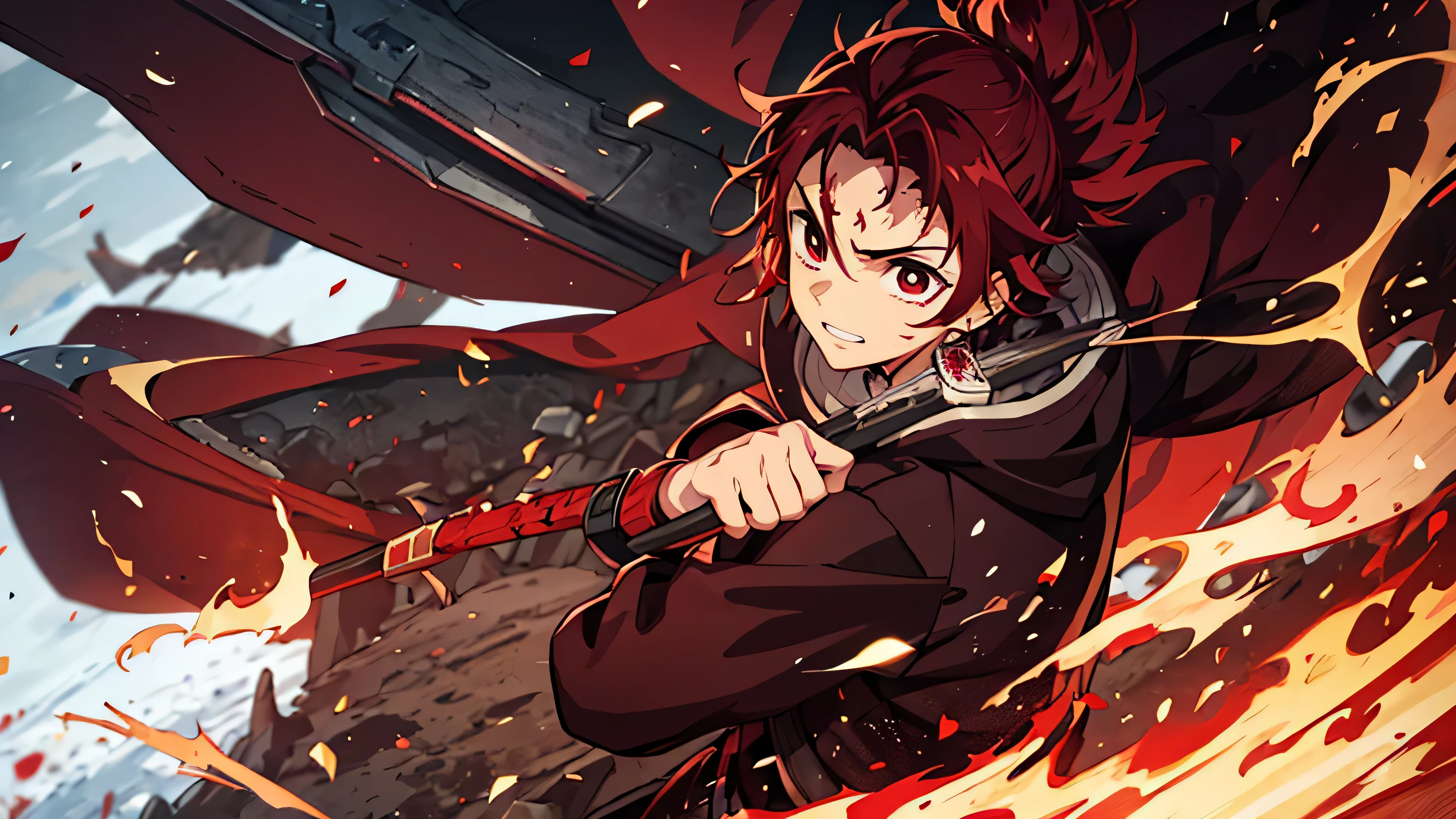 Anime, manga, Boy, Medium-length scarlet red hair in a paddle, Scarlet red eyes, Black hoodie and overcoat a Japanese haori with a scarlet red firestorm pattern, with two katanas and revolver attached to the belt, red glasses with tinted glass in red, scar in the middle of the face, in the middle of combat and using the breath of scarlet flame, demon slayer theme, demon slayer, 8K, high resolution.