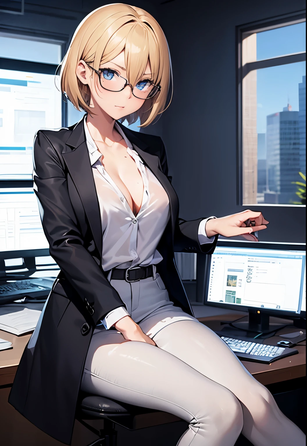 High resolution, 2D anime style,blue eyes beautiful eyes,high and beautiful nose,Skinny face,boyish blonde short hair,Short up-hair,cool woman,beautiful clock,Chest is slightly larger,she looks very serious,biting one's lips, she was very angry, she narrows her eyes,she wears glasses,Fashion that shows cleavage, Wearing an unbuttoned white shirt,leather red pants,Wearing a long black coat, Formal fashion,wear a coat,Sitting in an office chair,company office