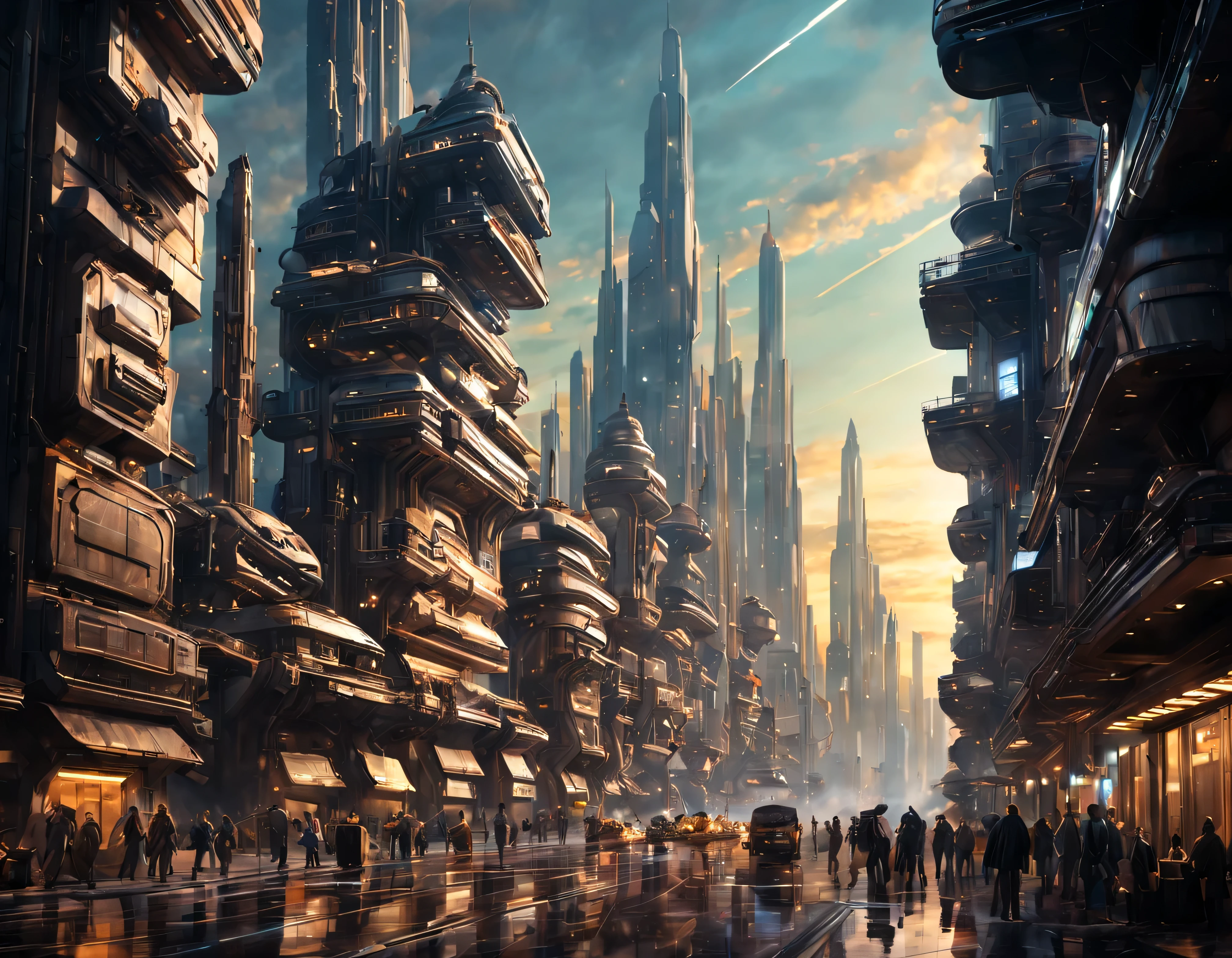 (The city of Coruscant from Star Wars as designed by Doug Chiang), futuristic fantasy city with immense buildings of technological design (que forman una avenida infinita), edificios compactor no difuminados con aspecto metalico, luces en ventanas en edificios, iluminacion diurna con sol, con estructuras acristaladas espectaculares, (con colores vivos). pavimento ensolado (sin brillo). gente paseando. imagen bien definida con muchos edificios juntos. imagen nitida bien definida 8k. los edificios llegan alta el fondo.,8k. imagen cinematografica. ((obra maestra de superior calidad)). (renderizado 3D).