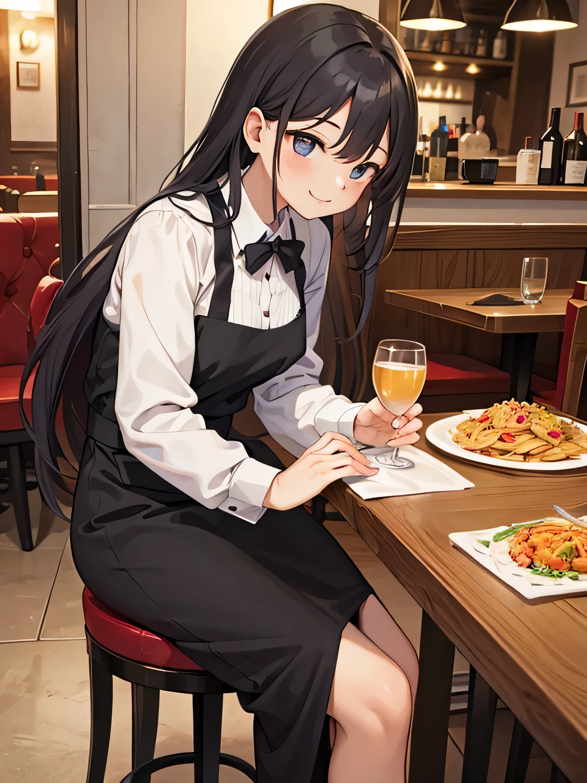 Anime girl sitting at a table with a glass of wine - SeaArt AI