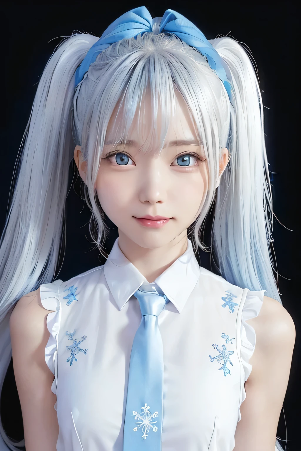 {The theme is Hatsune Miku}、(white crazy long hair:1.5)、twin tails、((blue ribbon scrunchie))、(White Sleeveless Long Shirt:1.3)、, shiny hair, expressive hair, crystal hair, gradient blue eyes, Artistic, conceptual art, glitter effect , shine, UHD, retina, masterpiece, Accurate, anatomically correct, Super detailed, high detail, fine skin,((flat body、slim、cute:1.3))、(snowflake embroidery:1.2)、(blue tie:1.2)、、(jet-black background:1.3)、smile