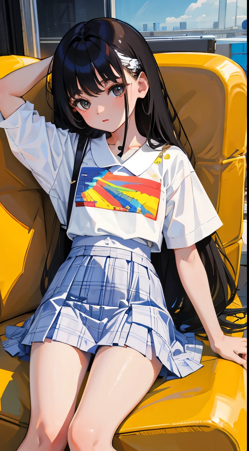 (child),(masterpiece,Top quality),White plaid pleated hort sleeve,black hair,long hair,Game Center