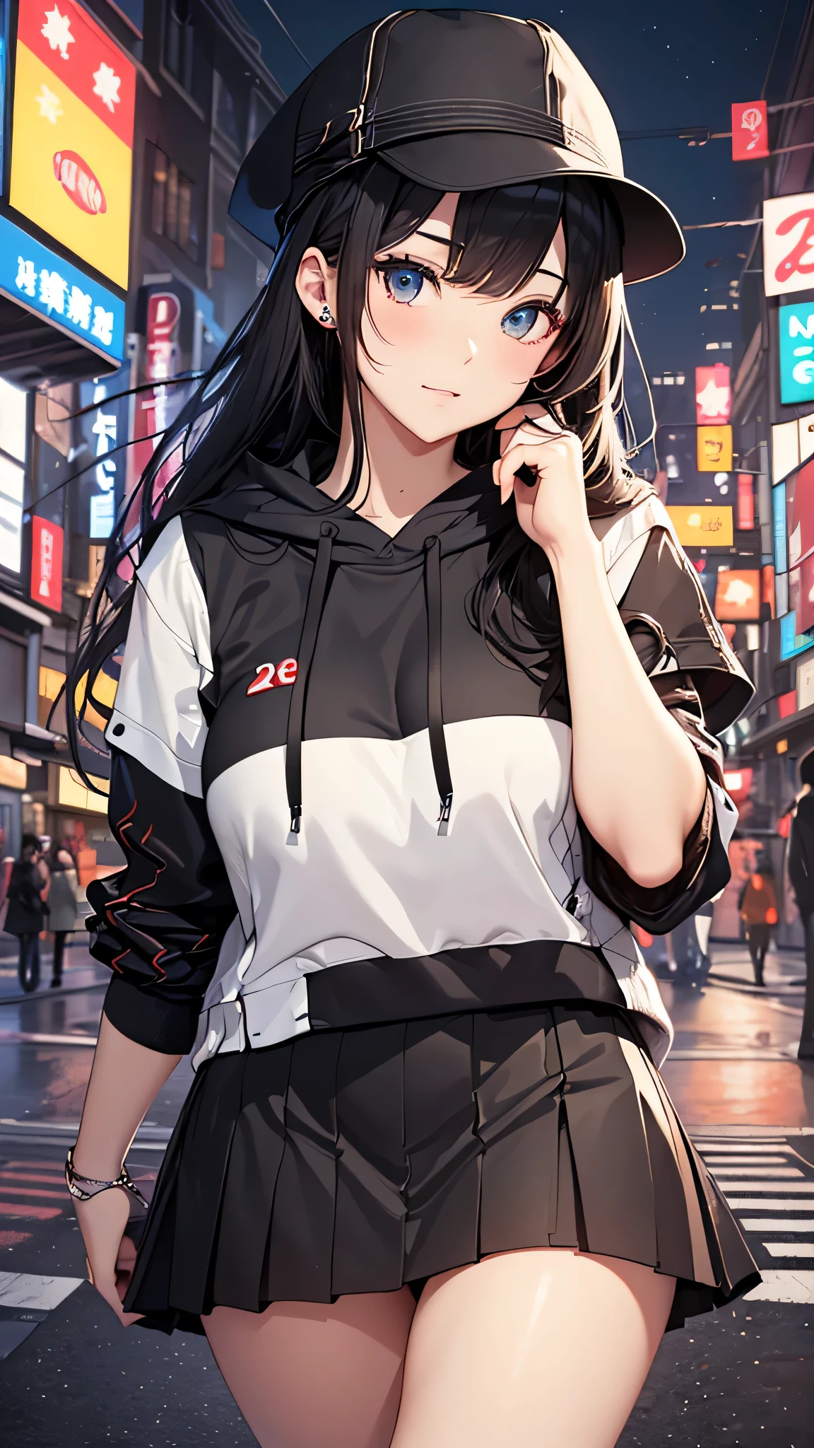 最high quality、best image quality、masterpiece、age girl((18-year-old、 By becoming、vest bust、medium bust,wide open breast tea、black eye, black hair、long hair、thin,highest valley、black hoodie(2:3),white skirt、sit、open thighs、cute blue hat、leaning forward)),high quality、beautiful art、background((City of night、Japan)),debris flies、Depth of written boundary、movie、visual art、perfect art、8K,genuine