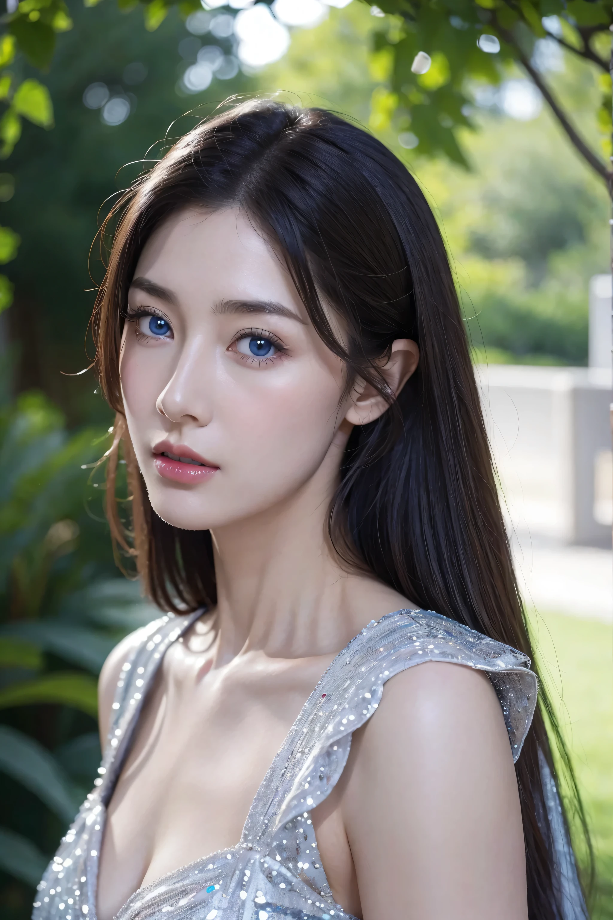 top quality、ultra high resolution、(Realism:1.4)、cinematic,charming beauty,huge 、look up_exist_audience、Detailed facial details、Beautiful and delicate eyes、silver hair、blue eyes、thin、charming look、(cosmetic:0.3)、red lips、Very meticulous clothes、(Urzan-6500-v1.1:0.3)
