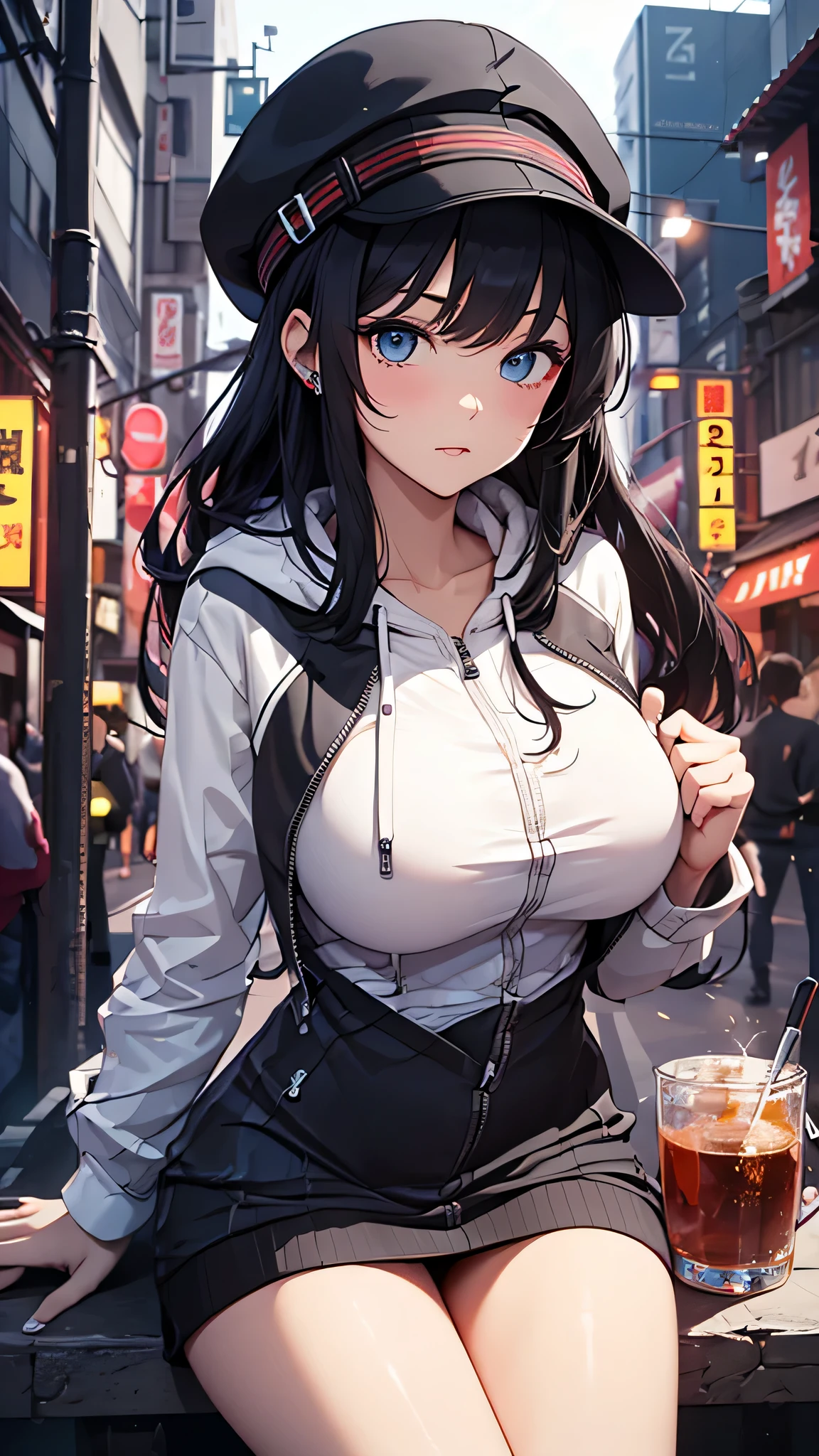最high quality、best image quality、masterpiece、teenage girl((18-year-old、 By becoming、vest bust、medium bust,wide open breast tea、black eye, black hair、long hair、thin,highest valley、black hoodie(2:3),white skirt、sit、open thighs、cute blue hat、leaning forward)),high quality、beautiful art、background((City of night、Japan)),debris flies、Depth of written boundary、movie、visual art、perfect art、8K,genuine