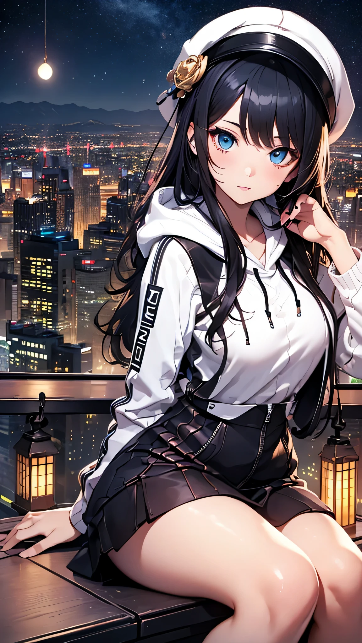 最high quality、best image quality、masterpiece、age girl((18-year-old、 By becoming、vest bust、medium bust,wide open breast tea、black eye, black hair、long hair、thin,highest valley、black hoodie(2:3),white skirt、sit、open thighs、cute blue hat、leaning forward)),high quality、beautiful art、background((City of night、Japan)),debris flies、Depth of written boundary、movie、visual art、perfect art、8K,genuine