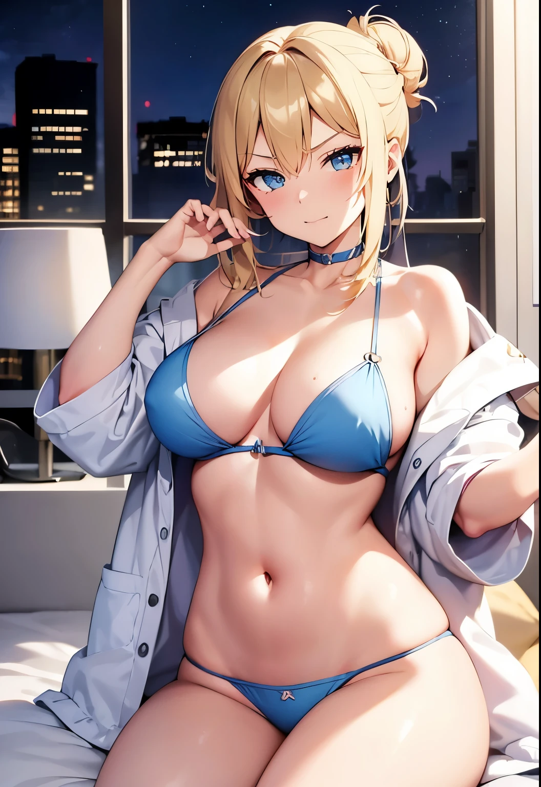 High resolution, 2D anime style,,blue eyes beautiful eyes,high and beautiful nose,Skinny face,Boyish blonde short updo,Cool adult woman,beautiful clock,Chest is slightly larger,she looks very sleepy,biting one's lips, she was very angry, blush,she narrows her eyes,Fashion that shows off your stomach,she is wearing a fluffy bathrobe, sleeping in the bedroom,spread across the legs,bedroom at night