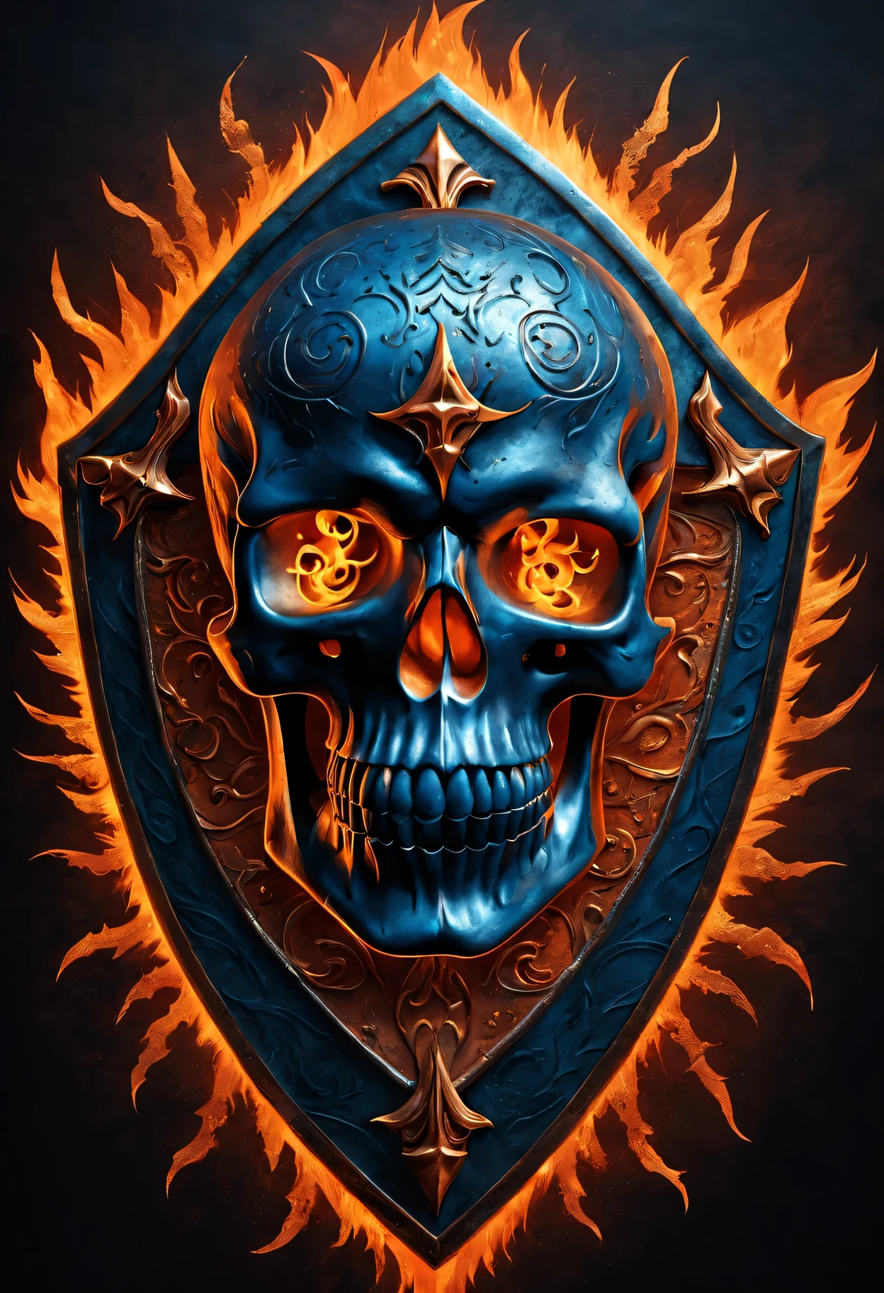 Flame Skeleton King Shield,metallic feel,Detailed skull and fiery eyes,Ornate pattern of flames and bones,glowing embers,high contrast,Dark background with sparkles,fantasy theme,Ominous atmosphere,dynamic composition,light through flames,Cracks and scratches on the shield,sinister aura,Shadows and highlights emphasize details,eerie glow,Sharp edges and intricate details,A terrifying and powerful presence,Sparkling reflections on metal surfaces,Ethereal blues and fiery orange hues,dramatic lighting,Engraved with symbols and runes symbolizing strength and power,Otherworldly and ominous environment
