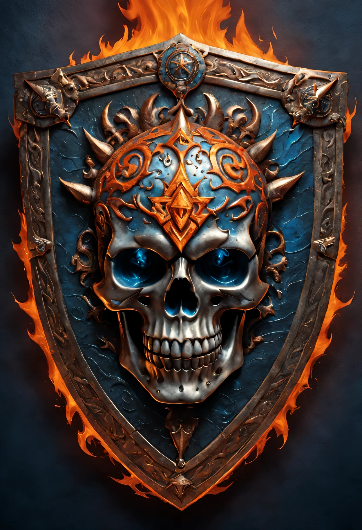 Flame Skeleton King Shield,metallic feel,Detailed skull and fiery eyes,Ornate pattern of flames and bones,glowing embers,high contrast,Dark background with sparkles,fantasy theme,Ominous atmosphere,dynamic composition,light through flames,Cracks and scratches on the shield,sinister aura,Shadows and highlights emphasize details,eerie glow,Sharp edges and intricate details,A terrifying and powerful presence,Sparkling reflections on metal surfaces,Ethereal blues and fiery orange hues,dramatic lighting,Engraved with symbols and runes symbolizing strength and power,Otherworldly and ominous environment