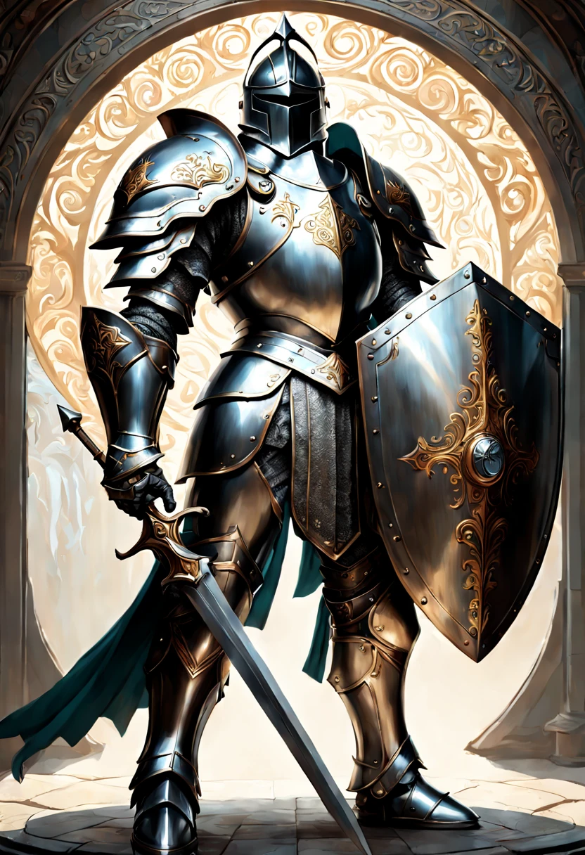 breathtaking A highly detailed digital painting of a powerful knight in armor holding a large, ornate shield in a heroic stance, extremely detailed full body knight in shiny silver armor with intricate patterns, standing in a dramatic pose, one hand holding a massive, circular shield with a glowing crest in the center, shield has beautiful engraved swirls and runes, shining metal, cinematic lighting, illustration by artgerm and greg rutkowski and alphonse mucha, digital painting . award-winning, professional, highly detailed, detailed matte painting, deep color, fantastical, intricate detail, splash screen, complementary colors, fantasy concept art, 8k resolution trending on Artstation Unreal Engine 5