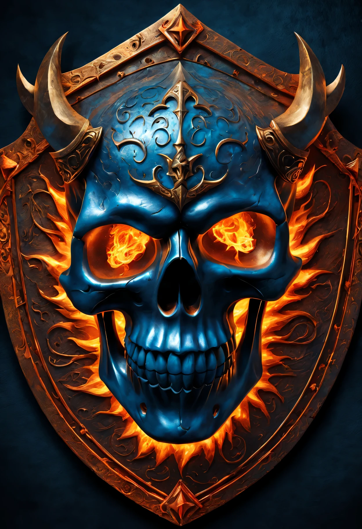 Flame Skeleton King Shield,metallic feel,Detailed skull and fiery eyes,Ornate pattern of flames and bones,glowing embers,high contrast,Dark background with sparkles,fantasy theme,Ominous atmosphere,dynamic composition,light through flames,Cracks and scratches on the shield,sinister aura,Shadows and highlights emphasize details,eerie glow,Sharp edges and intricate details,A terrifying and powerful presence,Sparkling reflections on metal surfaces,Ethereal blues and fiery orange hues,dramatic lighting,Engraved with symbols and runes symbolizing strength and power,Otherworldly and ominous environment