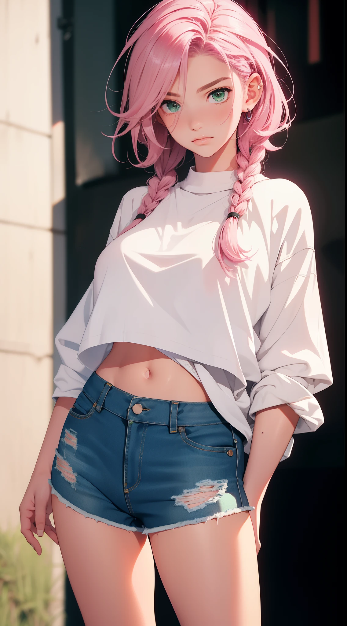 （（Best quality，8K，tmasterpiece：1.4））， Pink hair，Long braid on one side， exteriors， Pure white one-word bandeau underwear，huge tit， shiny skins，sweat leggs，tight ripped denim shorts， Green eyes