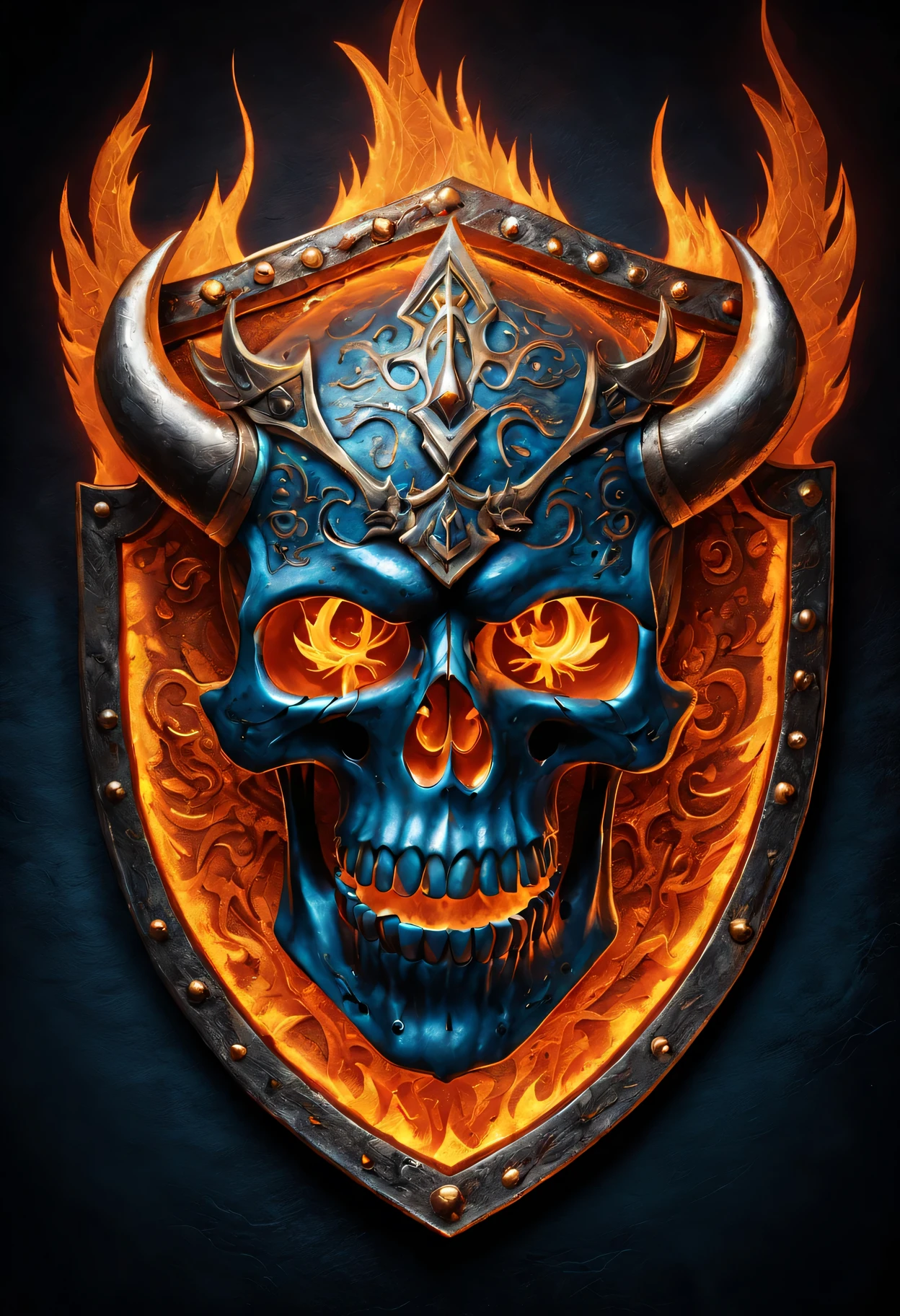 Flame Skeleton King Shield,metallic feel,Detailed skull and fiery eyes,Ornate pattern of flames and bones,glowing embers,high contrast,Dark background with sparkles,fantasy theme,Ominous atmosphere,dynamic composition,light through flames,Cracks and scratches on the shield,sinister aura,Shadows and highlights emphasize details,eerie glow,Sharp edges and intricate details,A terrifying and powerful presence,Sparkling reflections on metal surfaces,Ethereal blues and fiery orange hues,dramatic lighting,Engraved with symbols and runes symbolizing strength and power,Otherworldly and ominous environment