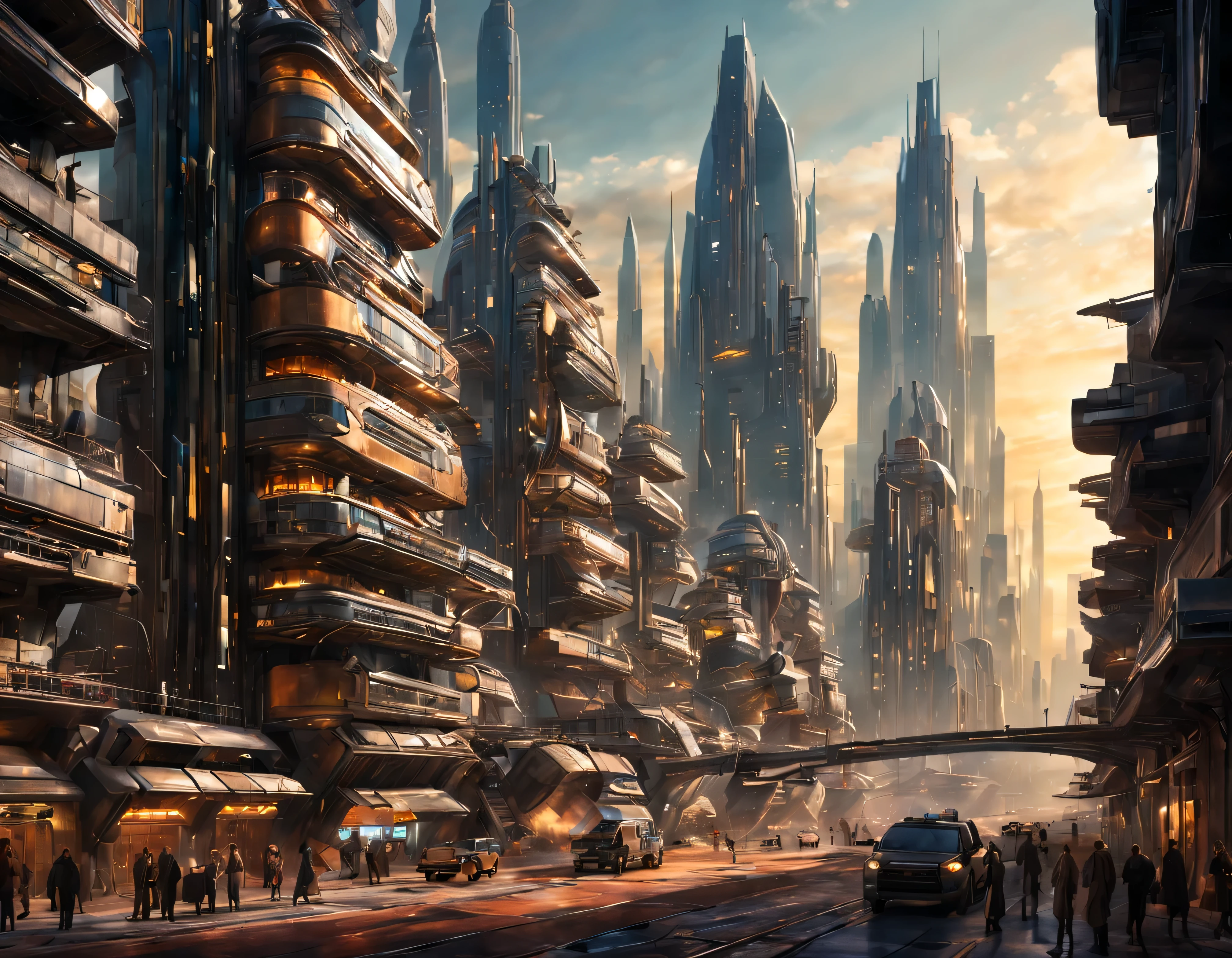 (The city of Coruscant from Star Wars as designed by Doug Chiang), futuristic fantasy city with immense buildings of technological design (que forman una avenida infinita), edificios compactor no difuminados con aspecto metalico, luces en ventanas en edificios, iluminacion diurna con sol, con estructuras acristaladas espectaculares, (con colores vivos). pavimento ensolado (sin brillo). gente paseando. imagen bien definida con muchos edificios juntos. imagen nitida bien definida 8k. los edificios llegan alta el fondo.,8k. imagen cinematografica. ((obra maestra de superior calidad)). (renderizado 3D).