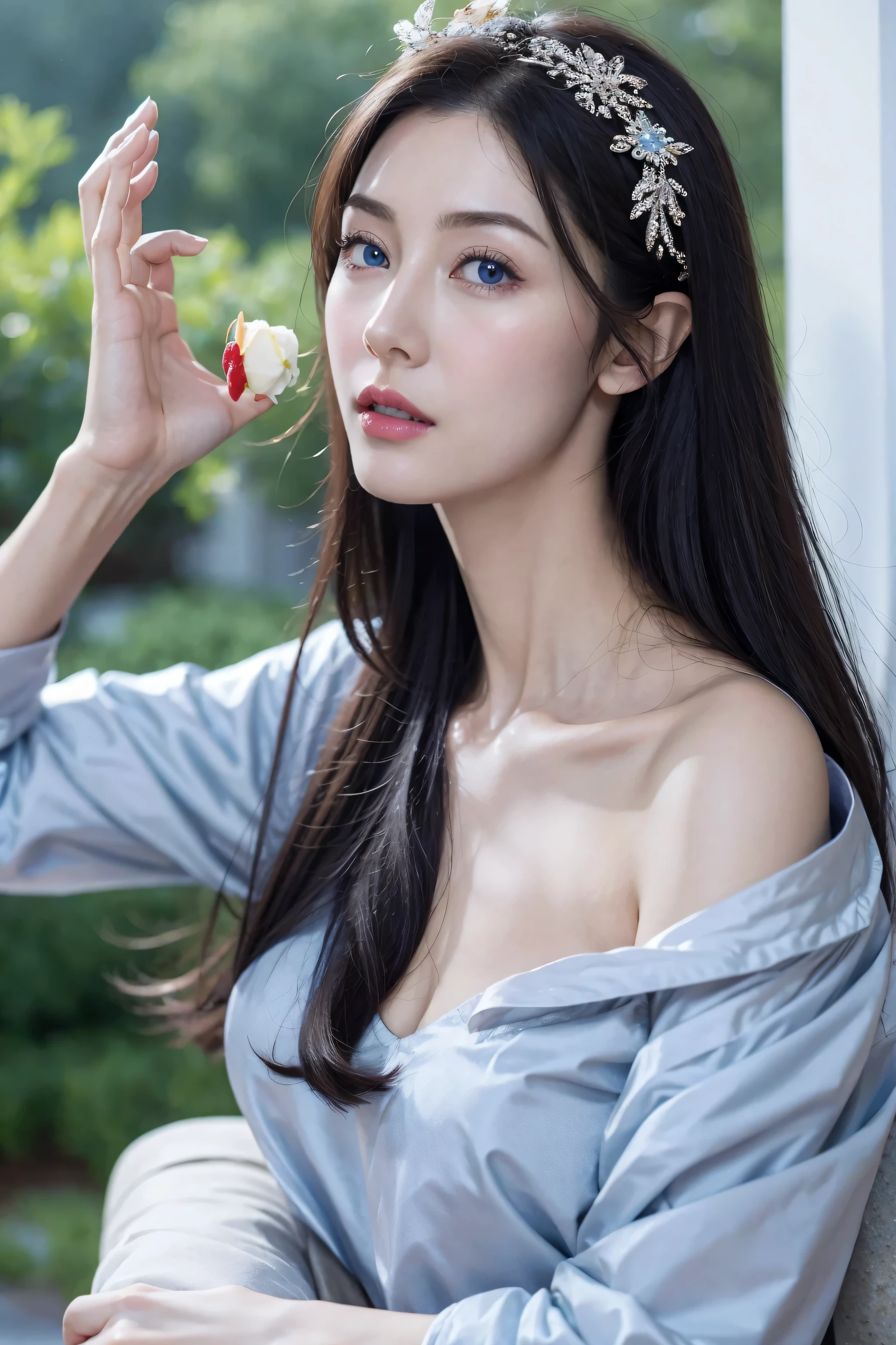 top quality、ultra high resolution、(Realism:1.4)、cinematic,charming beauty,huge 、look up_exist_audience、Detailed facial details、Beautiful and delicate eyes、silver hair、blue eyes、thin、charming look、(cosmetic:0.3)、red lips、Very meticulous clothes、(Urzan-6500-v1.1:0.3)