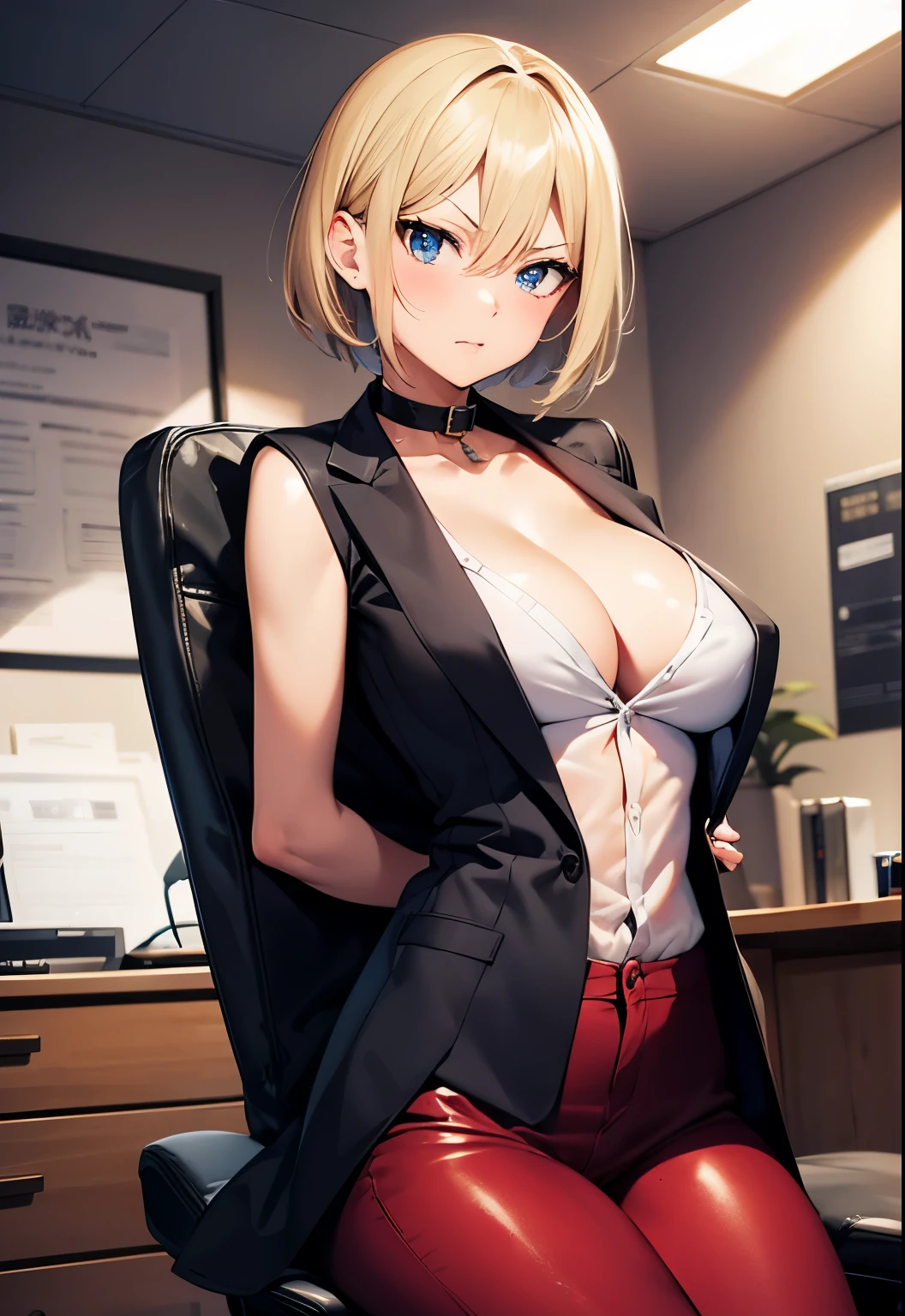 High resolution, 2D anime style,blue eyes beautiful eyes,high and beautiful nose,Skinny face,boyish blonde short hair,Short up-hair,cool woman,beautiful clock,Chest is slightly larger,she looks very serious,biting one's lips, she was very angry, she narrows her eyes,Fashion that shows cleavage, Wearing an unbuttoned white shirt,leather red pants,Wearing a long black coat, Formal fashion,wear a coat,Sitting in an office chair,company office
