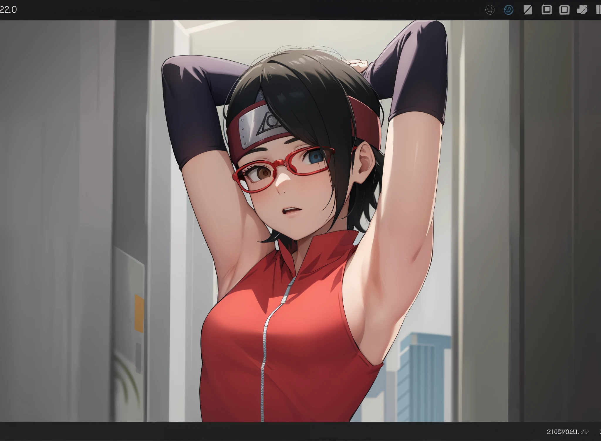 sarada uchiha, 1girl ,solo, black hair, short hair, ((black eyes)), skinny, arms up, (arms above head:1.5)
BREAK arm warmers, forehead protector, (dress:1.1), bare shoulders, glasses
BREAK looking at viewer, upper body,
BREAK (masterpiece:1.2), best quality, high resolution, unity 8k wallpaper, (illustration:0.8), (beautiful detailed eyes:1.6), extremely detailed face, perfect lighting, extremely detailed CG, (perfect hands, perfect ???????),