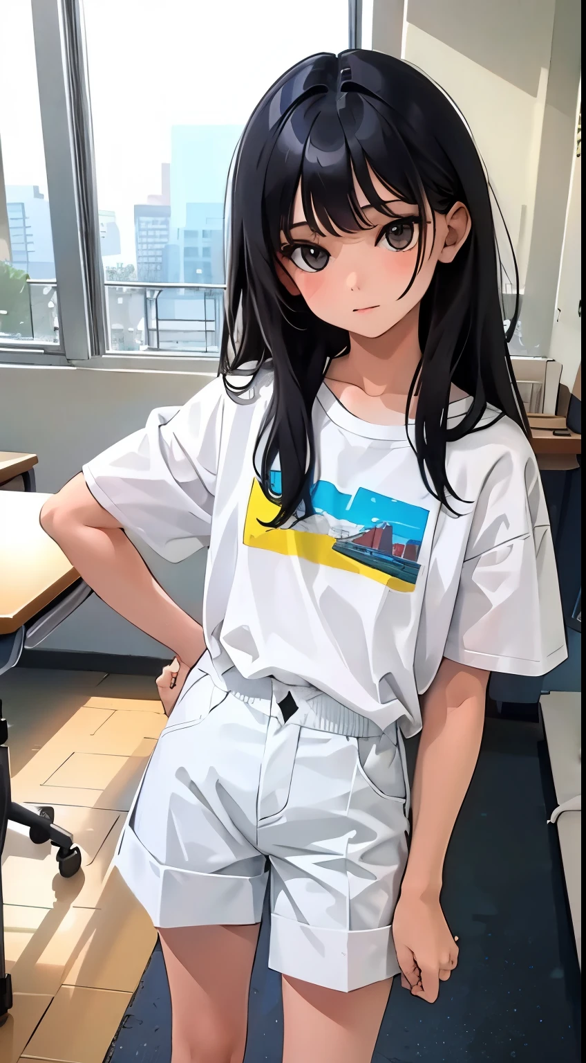 (child)，（masterpiece，Top quality)，White plaid shorts，short sleeve，black hair，long hair，classroom，art