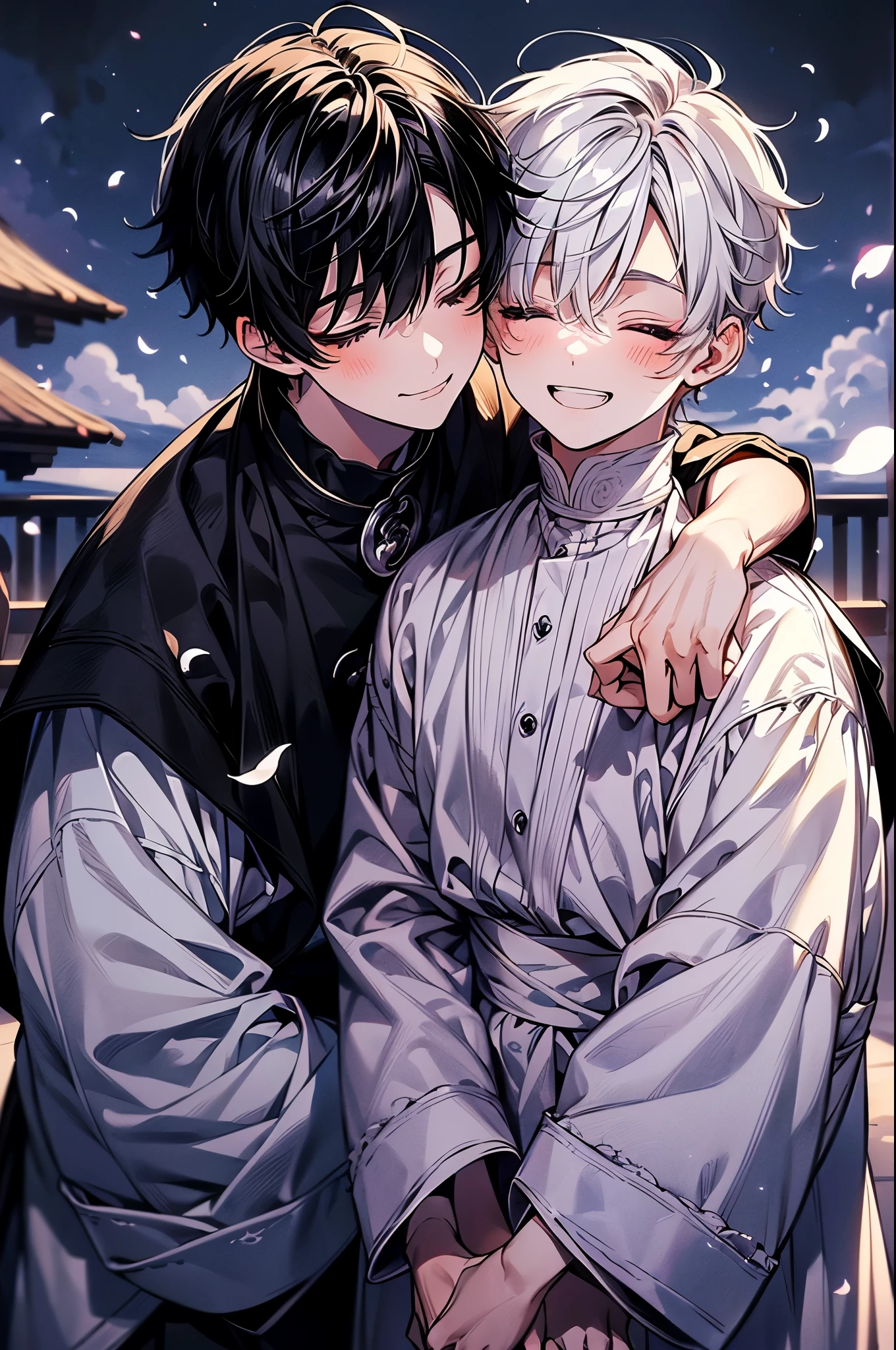 (masutepiece), (Best Quality), Highly detailed, Two boys, focus,Perfect face, Beautiful face, extra detailed face,(black-haired boy and white-haired boy:1.3),(happily face:1.4),(close your eyes and laugh:1.3),(white clothes:1.4),(moonlight:1.3),Petals flutter