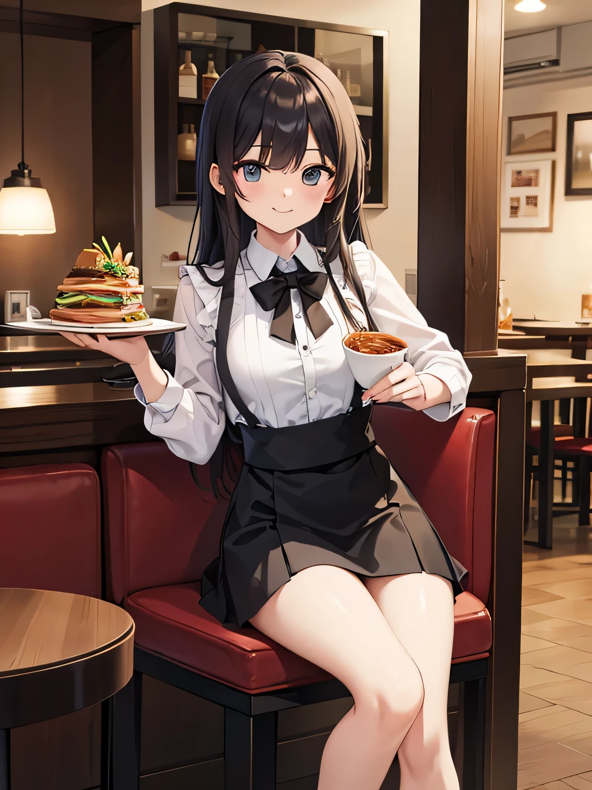 ①A man standing is smiling and chatting with a woman sitting at a table.。
②The woman is a customer at a restaurant.、She is wearing a sexy knit, flared miniskirt, and high heels.。
③The man is a waiter at a restaurant and carries pasta.。
④The location is a table in a small Italian restaurant.。