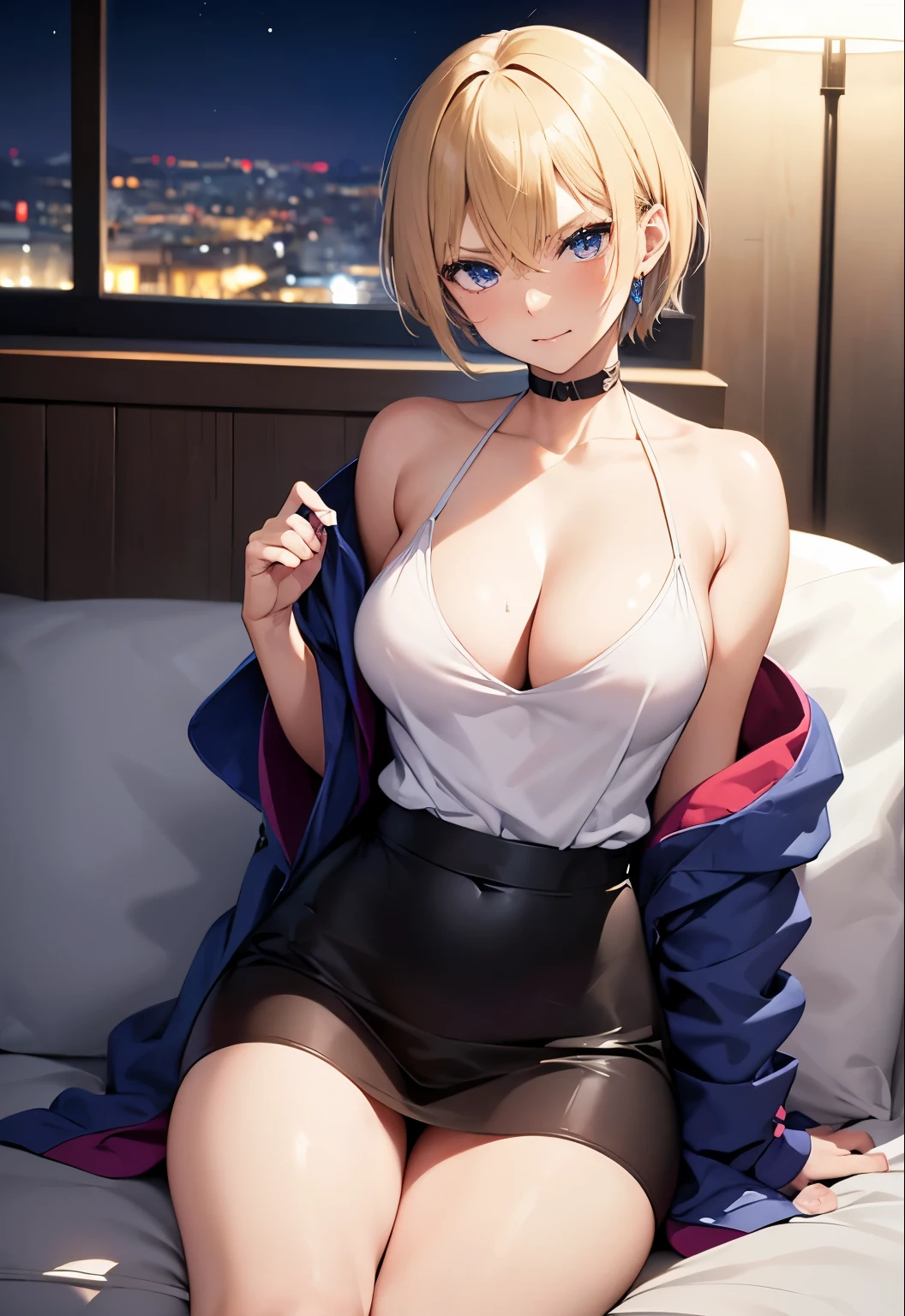 High resolution, 2D anime style,,blue eyes beautiful eyes,high and beautiful nose,Skinny face,blonde boyish short hair,cool woman,beautiful earrings,beautiful clock,Chest is slightly larger,she looks very serious,She is very angry,biting one&#39;s lips,blush,she narrows her eyes, she is biting her nails,Fashion that shows cleavage,She is trying to take off her fluffy bathrobe.,,,,sitting on the sofa,Living room at night