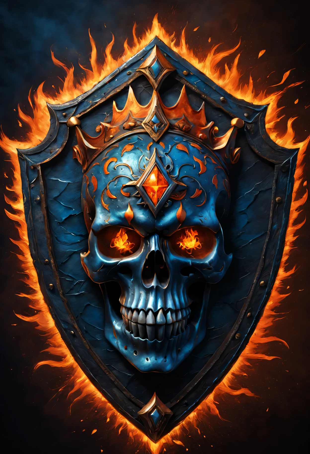 Flame Skeleton King Shield,metallic feel,Detailed skull and fiery eyes,Ornate pattern of flames and bones,glowing embers,high contrast,Dark background with sparkles,fantasy theme,Ominous atmosphere,dynamic composition,light through flames,Cracks and scratches on the shield,sinister aura,Shadows and highlights emphasize details,eerie glow,Sharp edges and intricate details,A terrifying and powerful presence,Sparkling reflections on metal surfaces,Ethereal blues and fiery orange hues,dramatic lighting,Engraved with symbols and runes symbolizing strength and power,Otherworldly and ominous environment