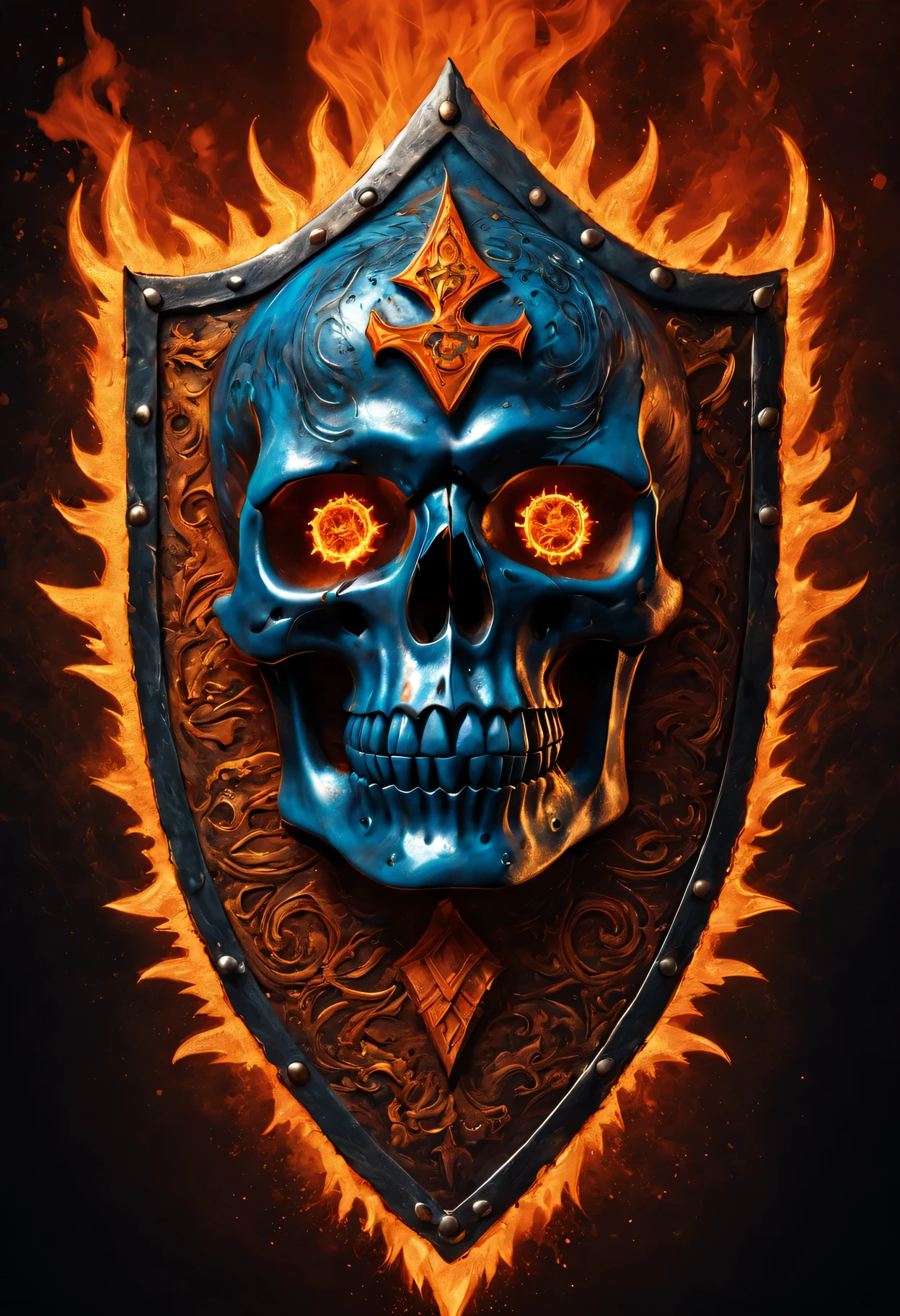 Flame Skeleton King Shield,metallic feel,Detailed skull and fiery eyes,Ornate pattern of flames and bones,glowing embers,high contrast,Dark background with sparkles,fantasy theme,Ominous atmosphere,dynamic composition,light through flames,Cracks and scratches on the shield,sinister aura,Shadows and highlights emphasize details,eerie glow,Sharp edges and intricate details,A terrifying and powerful presence,Sparkling reflections on metal surfaces,Ethereal blues and fiery orange hues,dramatic lighting,Engraved with symbols and runes symbolizing strength and power,Otherworldly and ominous environment