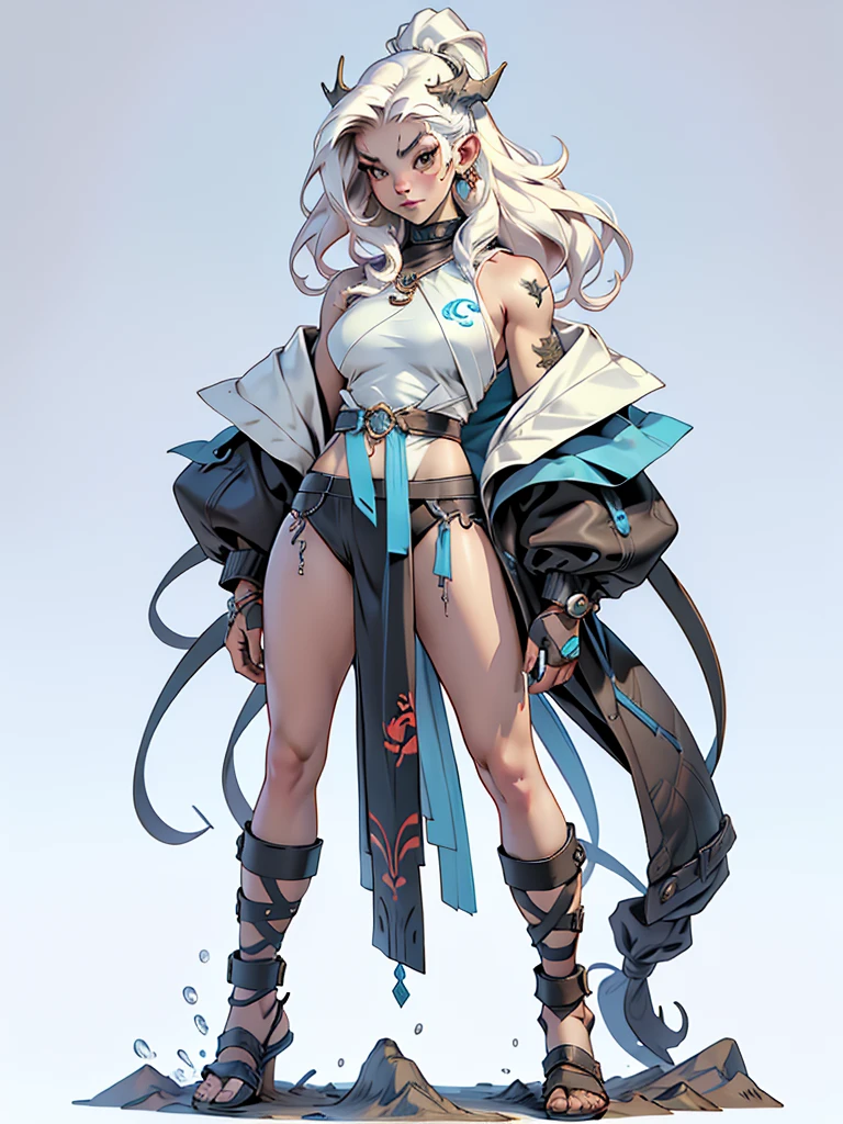 ((top-quality))、((tmasterpiece))、((Full body photo of a woman))、((very simple background))、(Game character design)、amazon warrior,Primitive barbarian tribal style,Water element chest shell,exposed navels,Animal skin clothing,cloaks,Blue clothes,Blue demon monster、monster design,(Water Goddess,Marine element merger)、Cartoony、Beastman、Ivory ornaments、独奏、Fighting posture,Riot game concept art