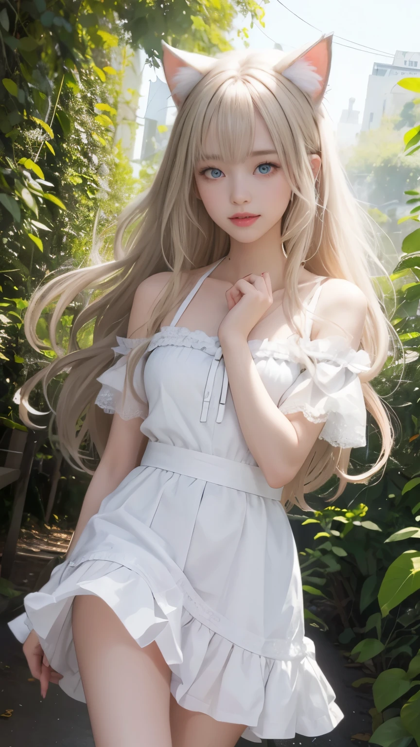 full body, laugh together, bright look、photorealism、highest quality、ultra high resolution、photograph、絶妙に美しい北欧生まれの女の子のphotograph、extraordinary beautiful girl、Detailed cute and beautiful face、(Pure Eros Face_v1:0.008)、beautiful bangs、alice in wonderland、18-year-old、glowing white shiny skin、Flow of hair that extends to the face、bangs between the eyes、super long hair、Attractive light and dark platinum blonde super long straight silky hair、thin hair、Charming shining beautiful bright clear light blue big eyes、white apron、yellow dress、eyeliner、double eyelids、rich bust、two girls、cat ears、great laugh togetherter、short skirt、White lace underskirt、pink panties、