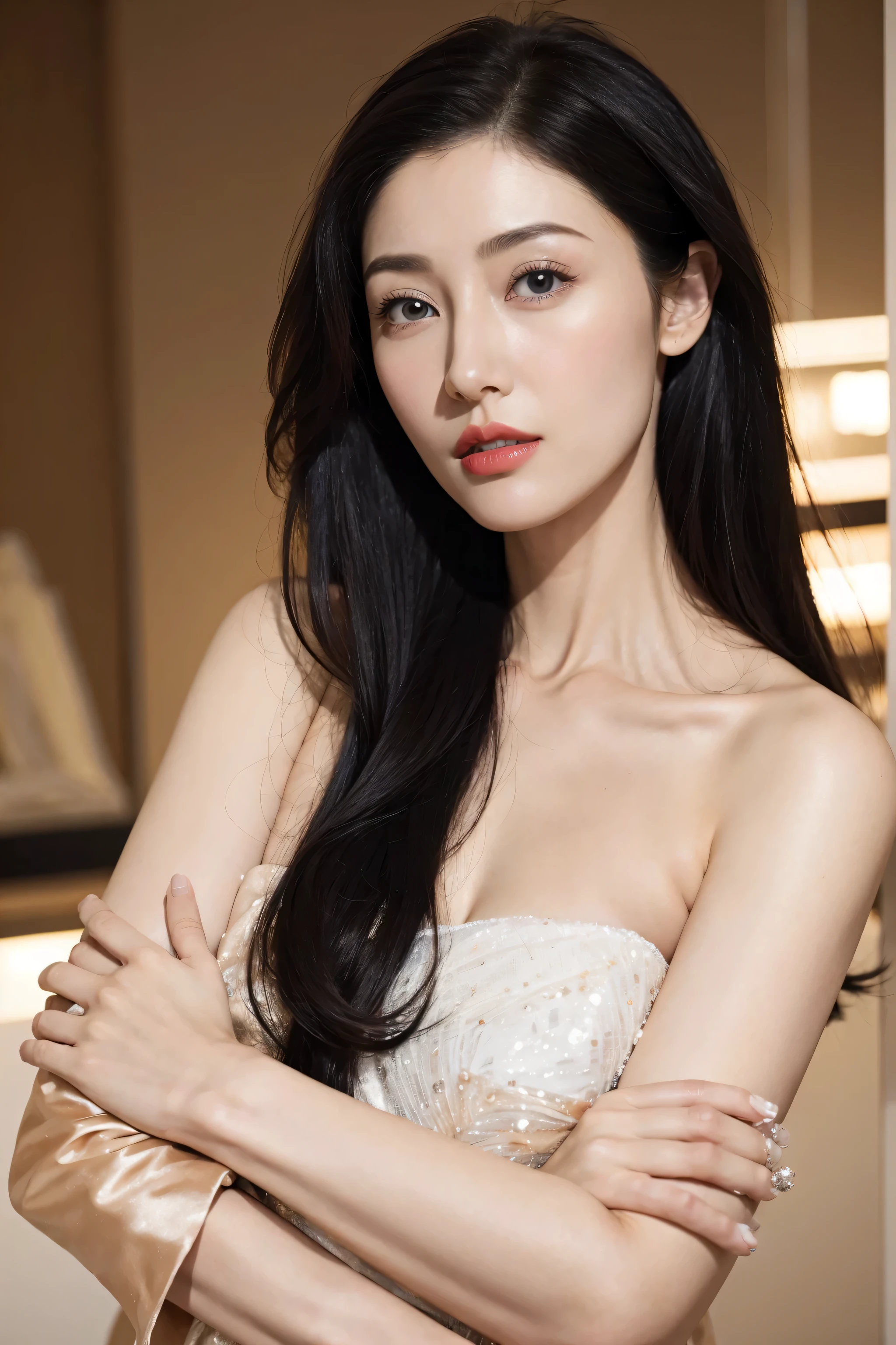 top quality、ultra high resolution、(realism:1.4)、normal,charming beauty,huge 、looking to the front_exist_audience、Detailed facial details、beautiful and delicate eyes、long hair、black eyes、thin、charming look、(cosmetic:0.3)、red lips、The clothes are very meticulous、(Urzan-6500-V1.1:0.3)