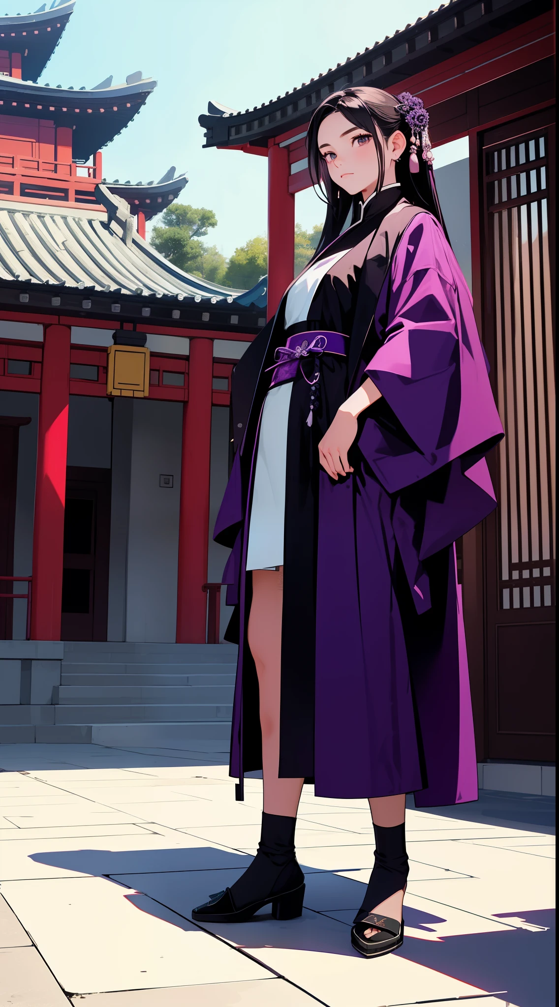 A girl, wearing a purple and black robe, stands in a Chinese-style building