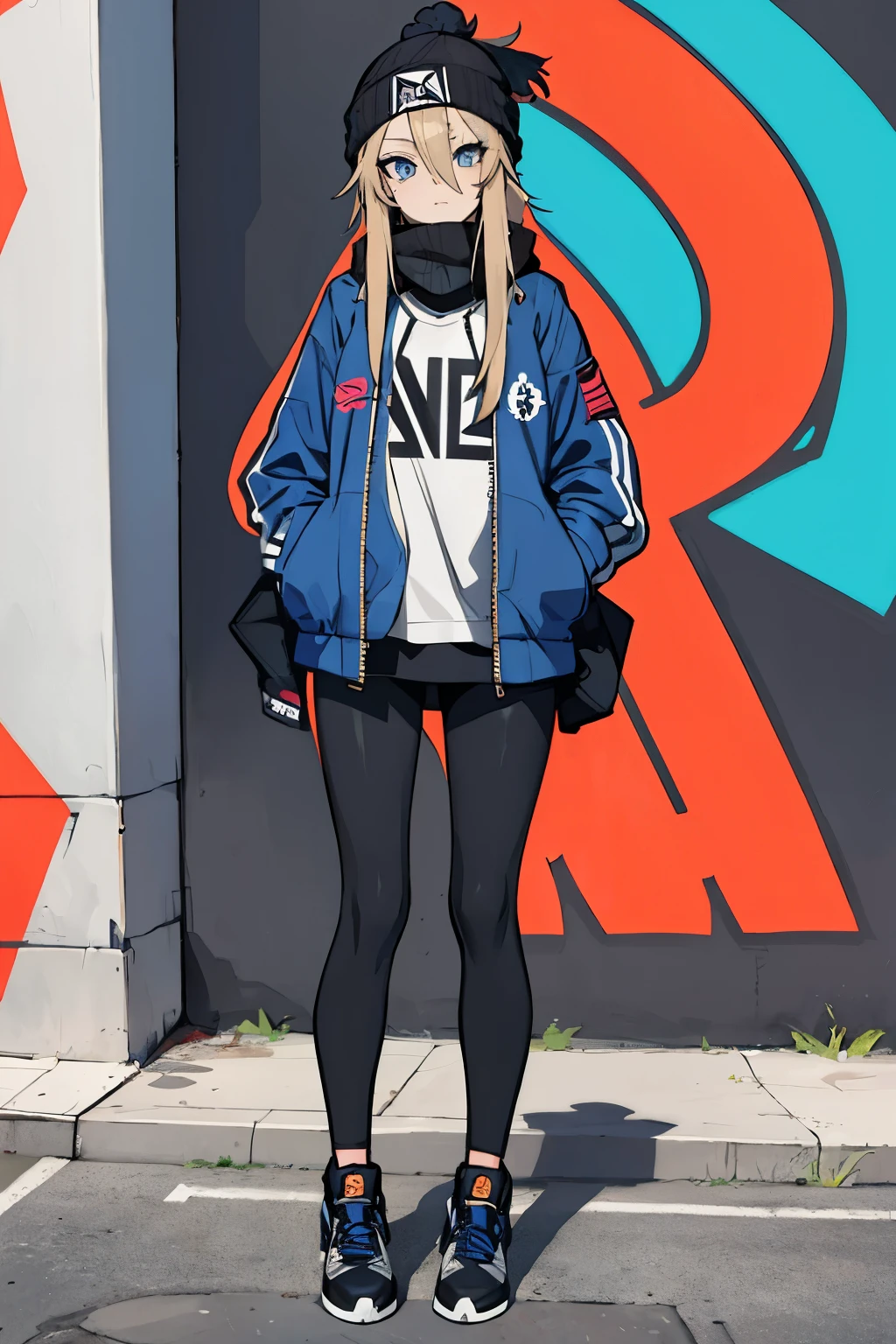 (masterpiece:1.2, best quality), (graffiti wall:1.15), 1lady, beanie, jacket, Leggings, blue eyes, fullbody,