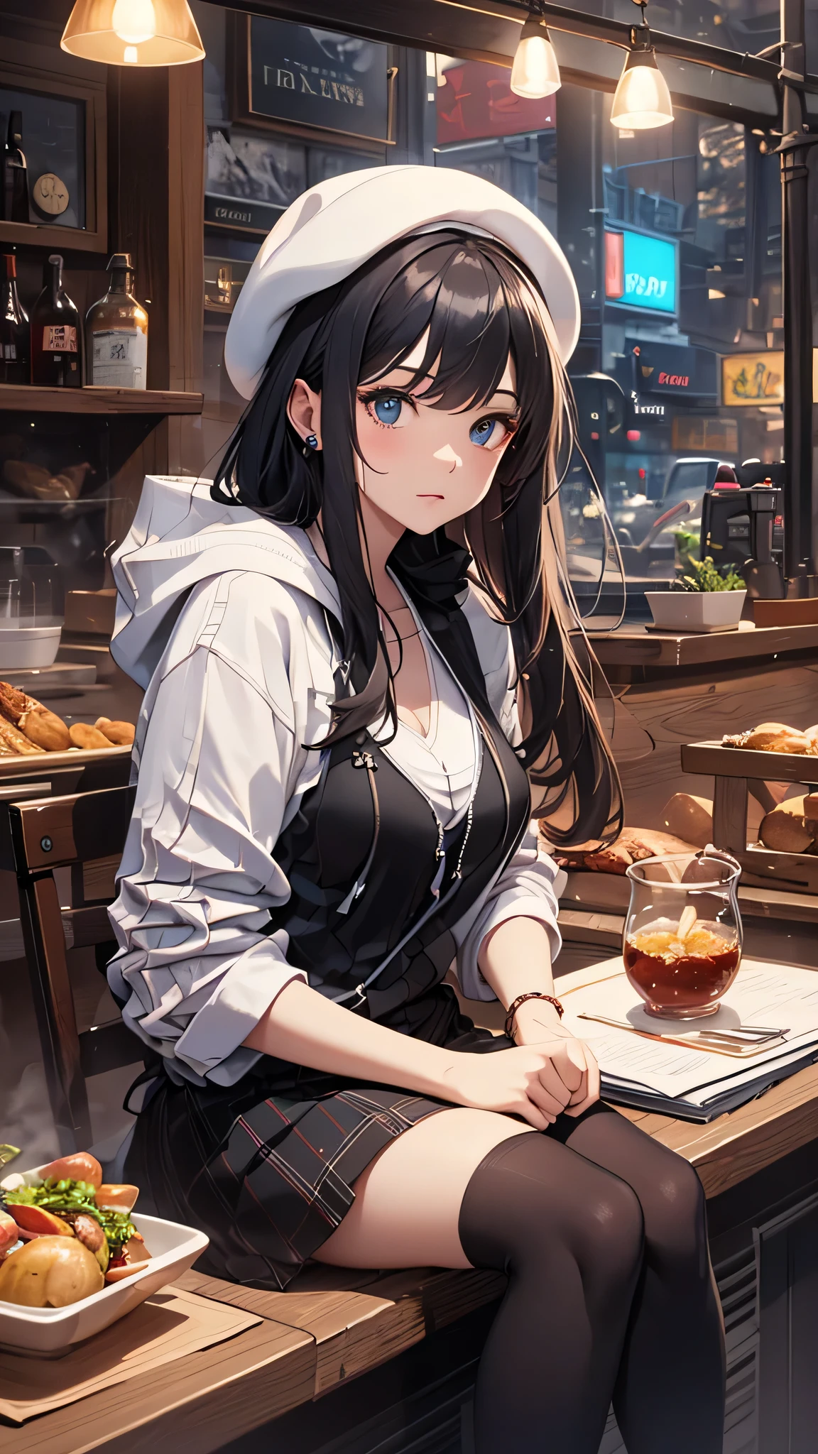 最high quality、best image quality、masterpiece、teenage girl((18-year-old、 By becoming、vest bust、medium bust,wide open breast tea、black eye, black hair、long hair、thin,highest valley、black hoodie(2:3),white skirt、sit、open thighs、cute blue hat、leaning forward)),high quality、beautiful art、background((City of night、Restaurant Area)),debris flies、Depth of written boundary、movie、visual art、perfect art、8K,genuine
