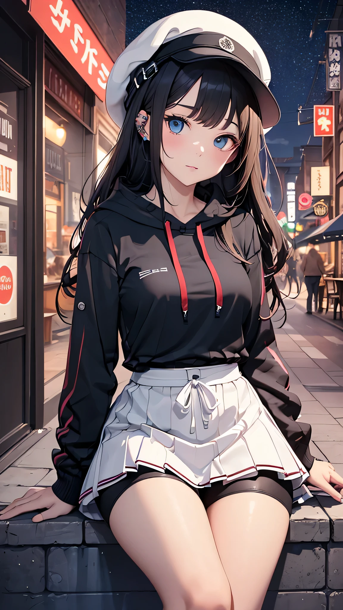 最high quality、best image quality、masterpiece、teenage girl((18-year-old、 By becoming、vest bust、medium bust,wide open breast tea、black eye, black hair、long hair、thin,highest valley、black hoodie(2:3),white skirt、sit、open thighs、cute blue hat、leaning forward)),high quality、beautiful art、background((City of night、Restaurant Area)),debris flies、Depth of written boundary、movie、visual art、perfect art、8K,genuine