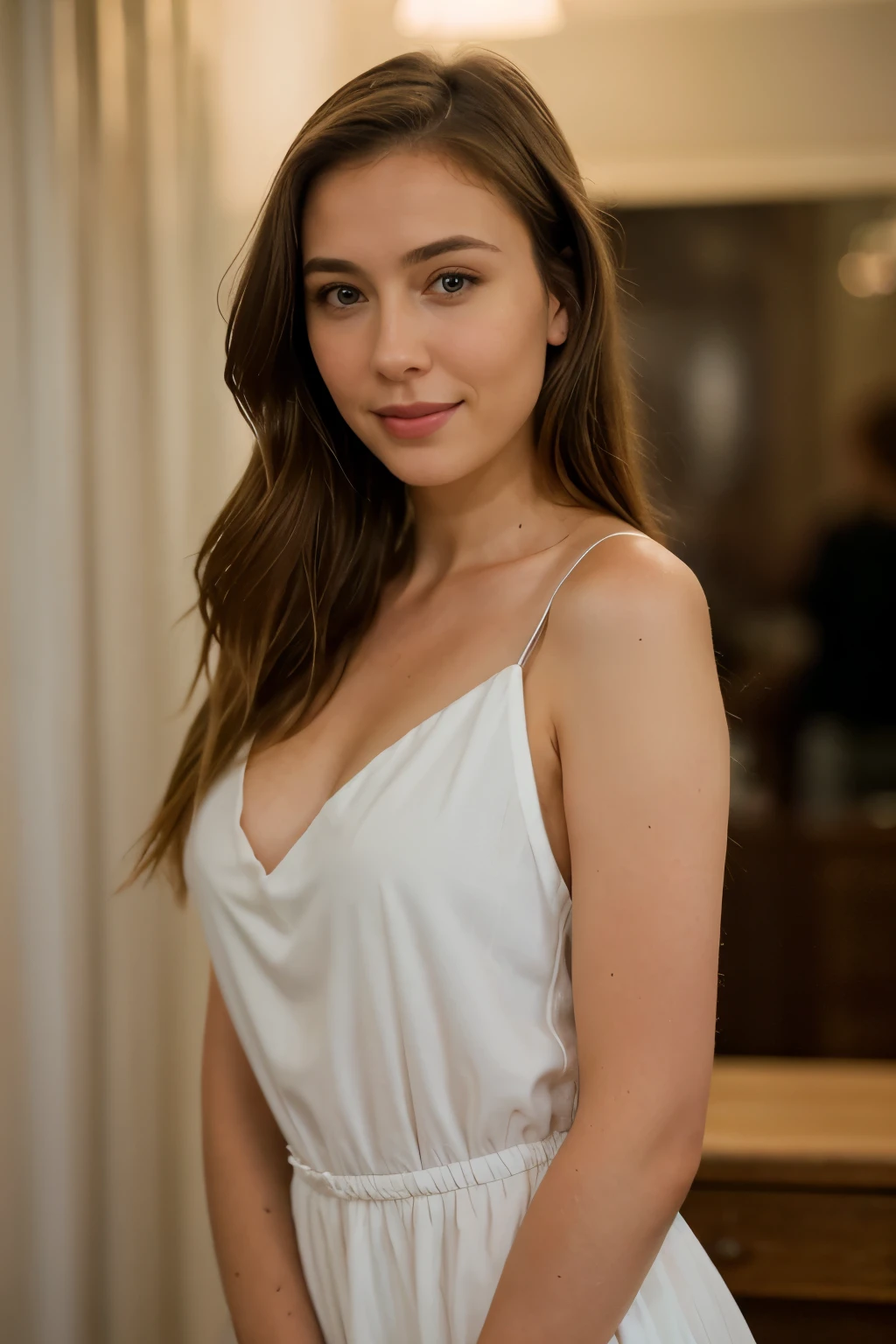 4k, RAW photo, best quality, ultra high res, photorealistic, photoréaliste woman, natural brown eyes, symmetrical eyes, thin face, looks at the camera, ultra realistic photo, Meticulously detailed, normal skin, portrait of Sophie Mudd, portrait of Nicole Aniston, blonde hair, long hair full body, natural makeup, subtle makeup, ultra realistic photo, real face, full body photo, tenue de soirée, rigole, nuit qui tombe, belle, rayonnante, sourire, s'amuse avec des amis