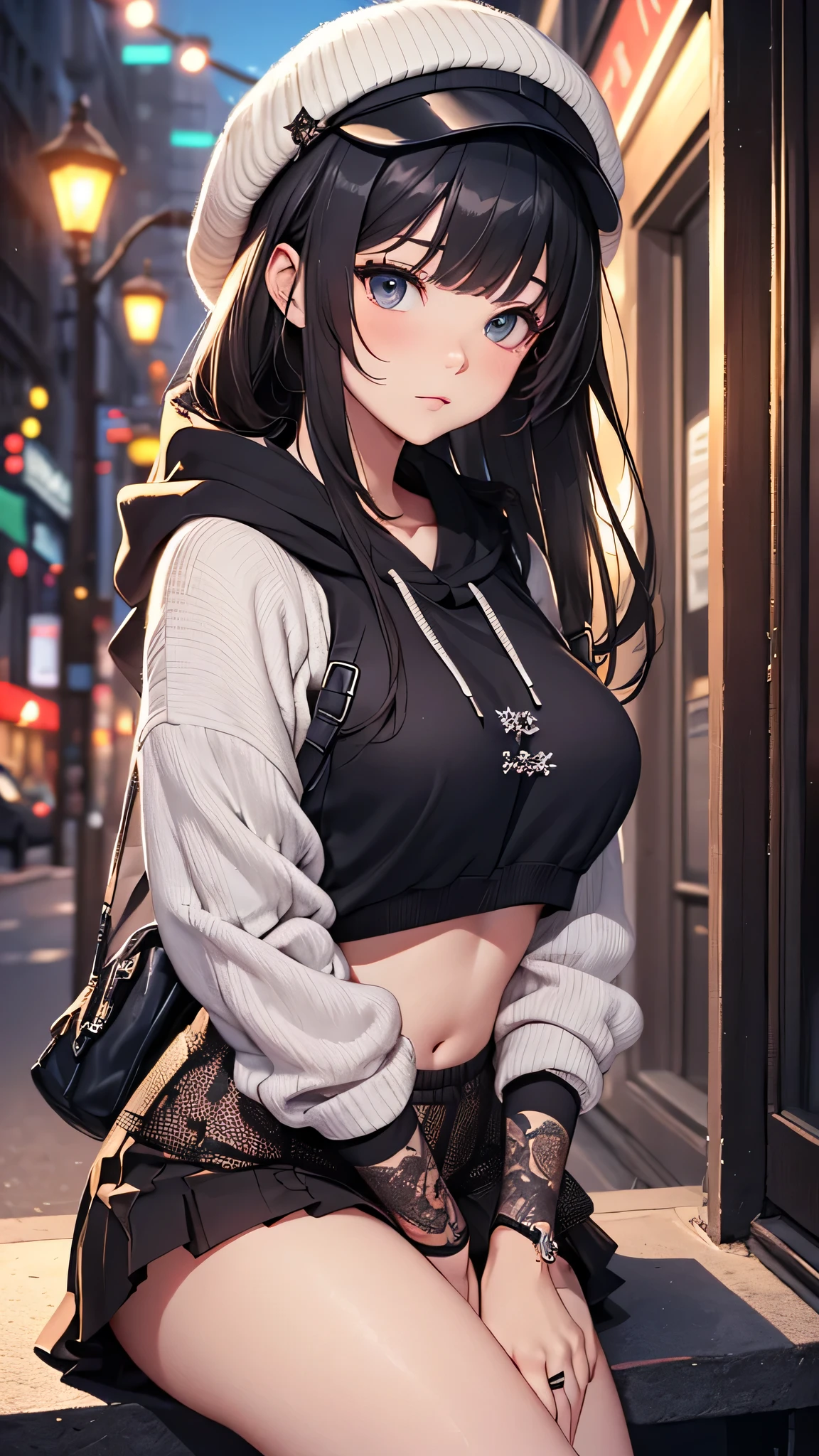最high quality、best image quality、masterpiece、age girl((18-year-old、 By becoming、vest bust、medium bust,wide open breast tea、black eye, black hair、long hair、thin,highest valley、black hoodie(2:3),white skirt、sit、open thighs、cute blue hat、leaning forward)),high quality、beautiful art、background((City of night、Restaurant Area)),debris flies、Depth of written boundary、movie、visual art、perfect art、8K,genuine